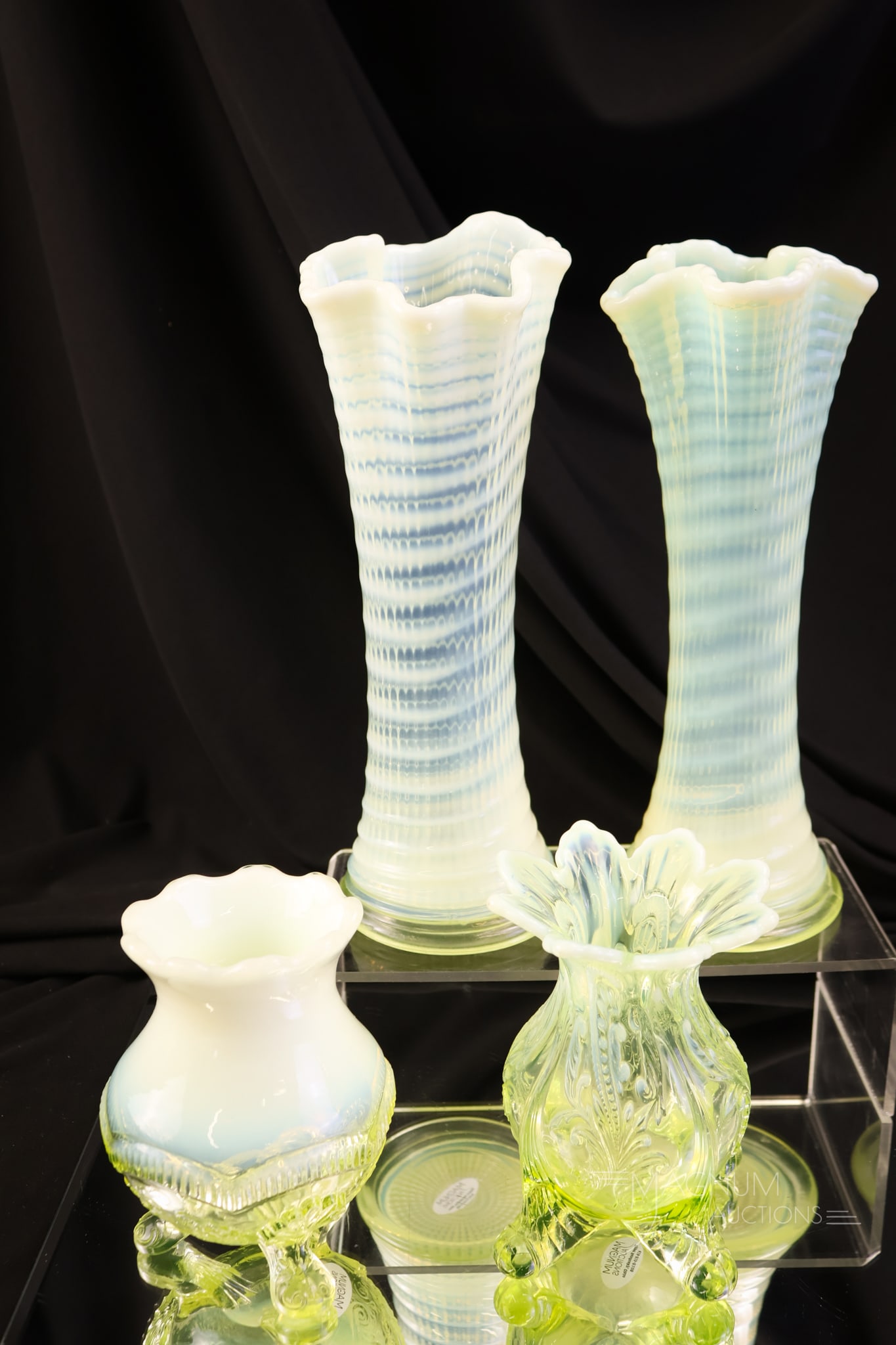 4 pc Lot Albany Ribbed Spiral Victorian Vaseline Uranium Opalescent Glass Swung Vases & More (1 of 7)