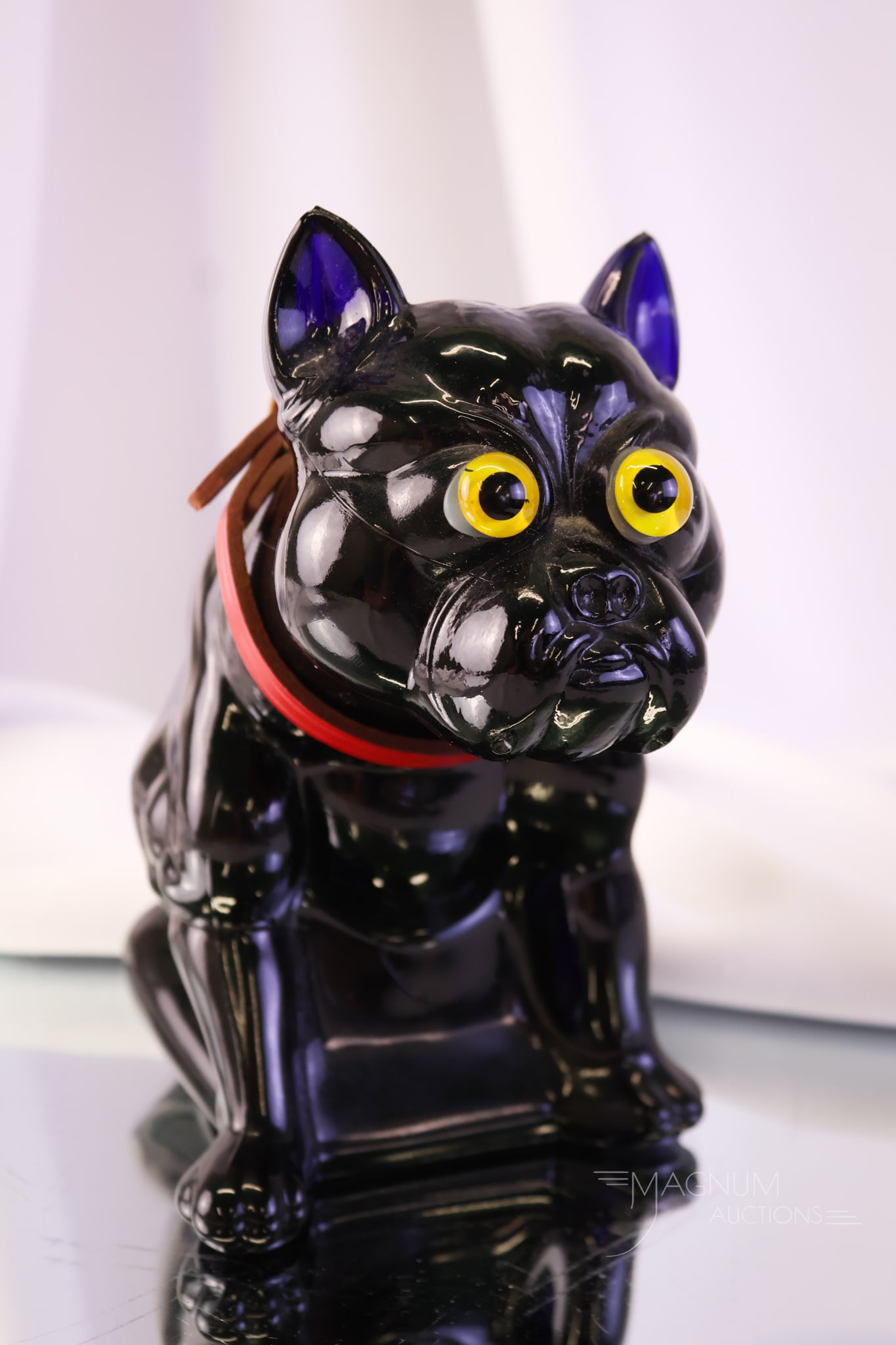 Vintage Conbalt Glass 6 3/4" Bulldog Doorstop by Summit Art Glass: Who's a good boy? This charming Bulldog doorstop is in deep cobalt glass. It was made by the Summit Art Glass Co. for Rosso in 1994, using the original Westmoreland mold. This little pooch has an old 