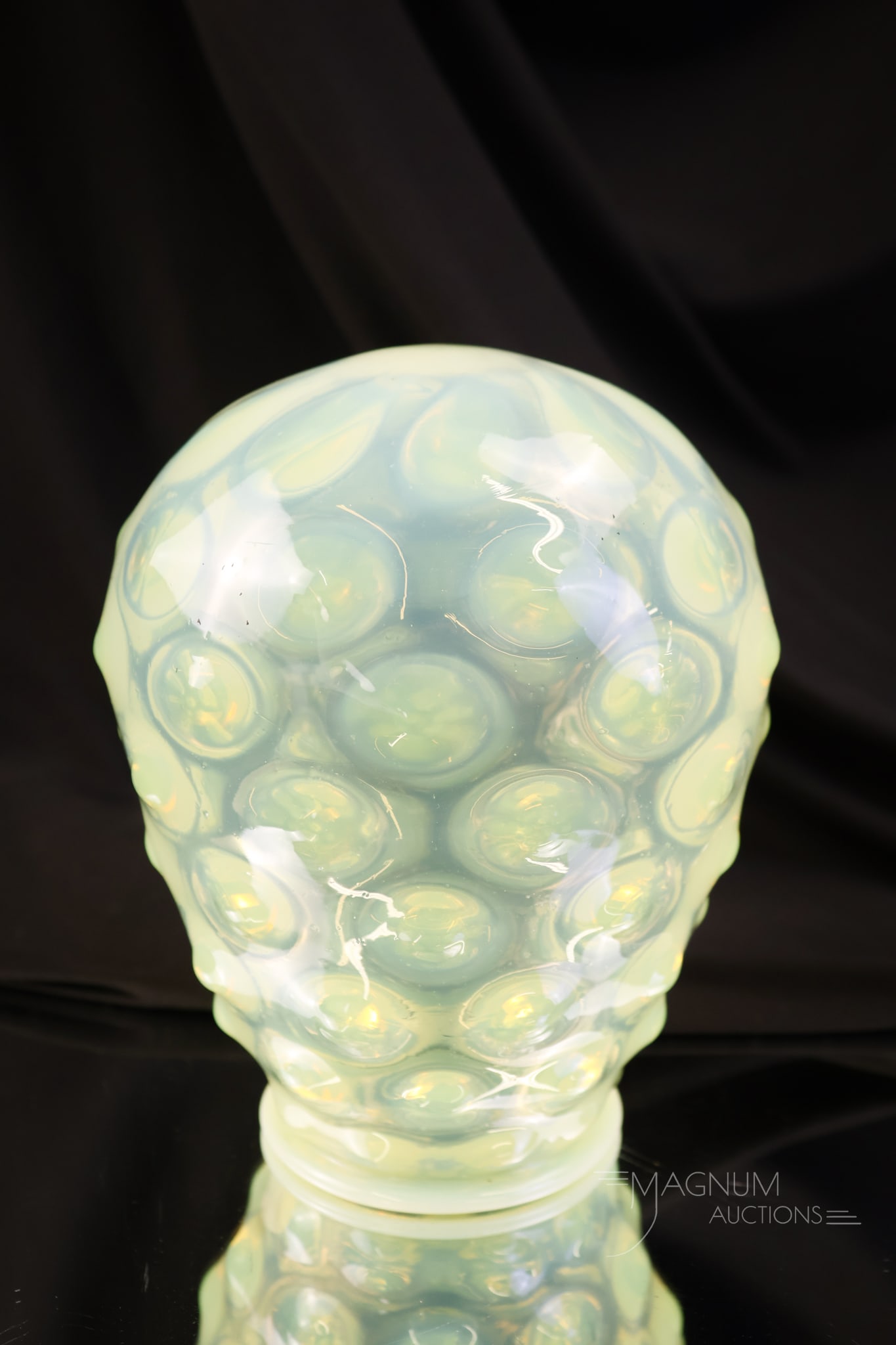 Scarce Vaseline Hobbs Opalescent Bullseye Antique Glass Light Shade: A scarce find in Hobbs glass. This is a vaseline uranium opalescent Bullseye pattern shade. This fine example is most unusual. The shade measures 6 1/2" tall, 5 1/4" wide, and has a fitter of 3 1/4".
