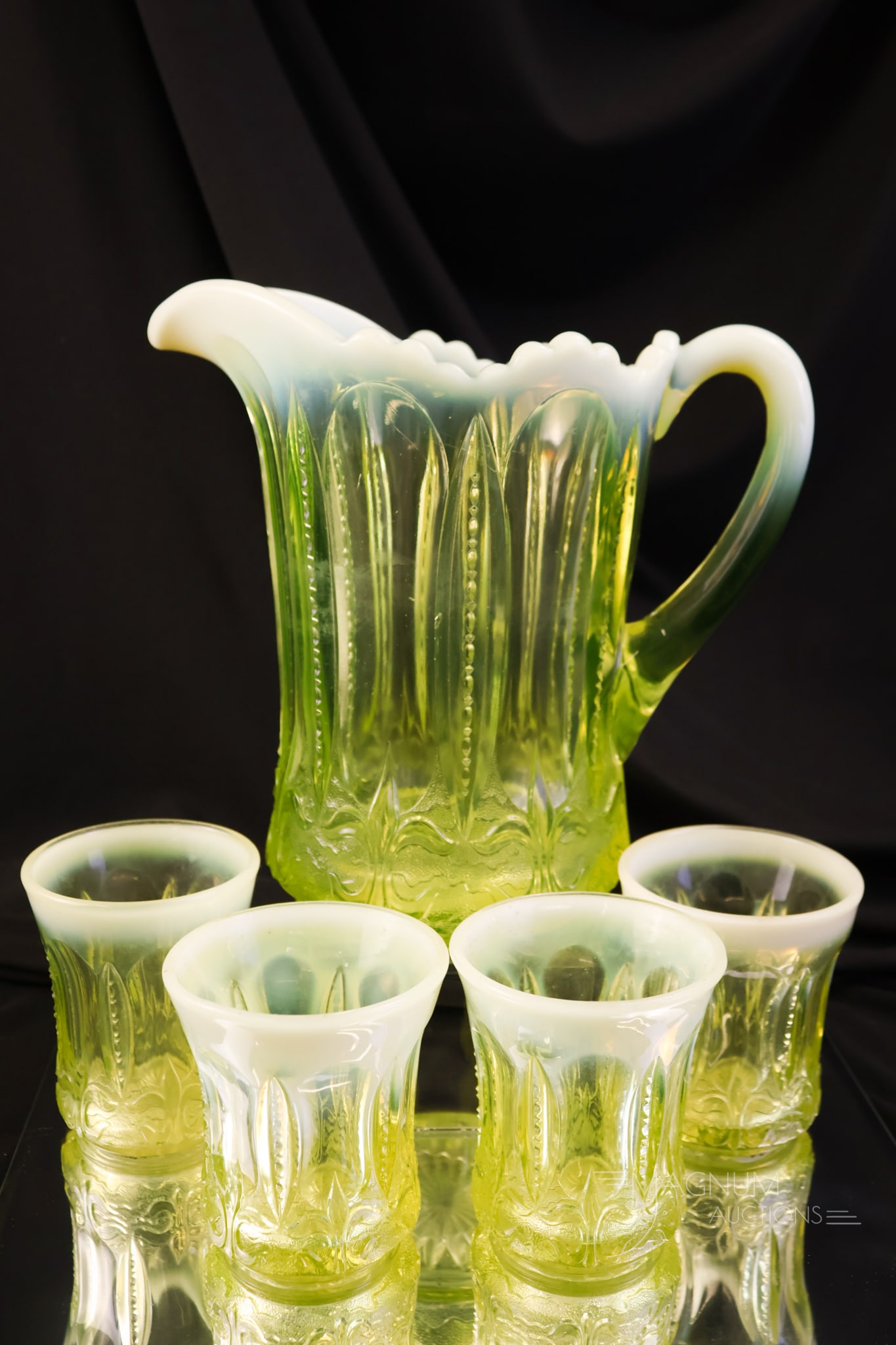 5 pc Jefferson Iris with Meander Victorian Vaseline Uranium Opalescent Glass Water Set (1 of 10)