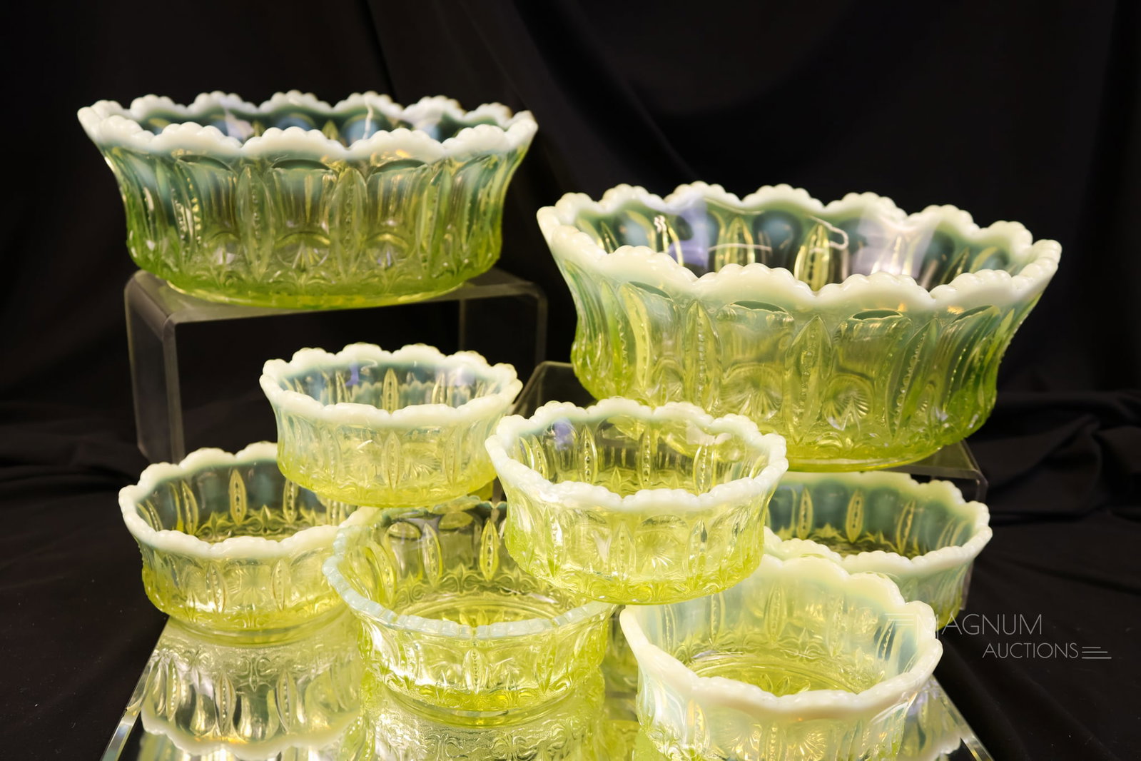 10 pc Lot Victorian Jefferson Iris Meander Vaseline Opalescent Uranium Glass Berry Set & More: A ten-piece lot of Victorian vaseline opalescent uranium glass in the Iris with Meander pattern. This offering includes two master berry bowls and eight small berry bowls. The tallest measures 3 1/2".