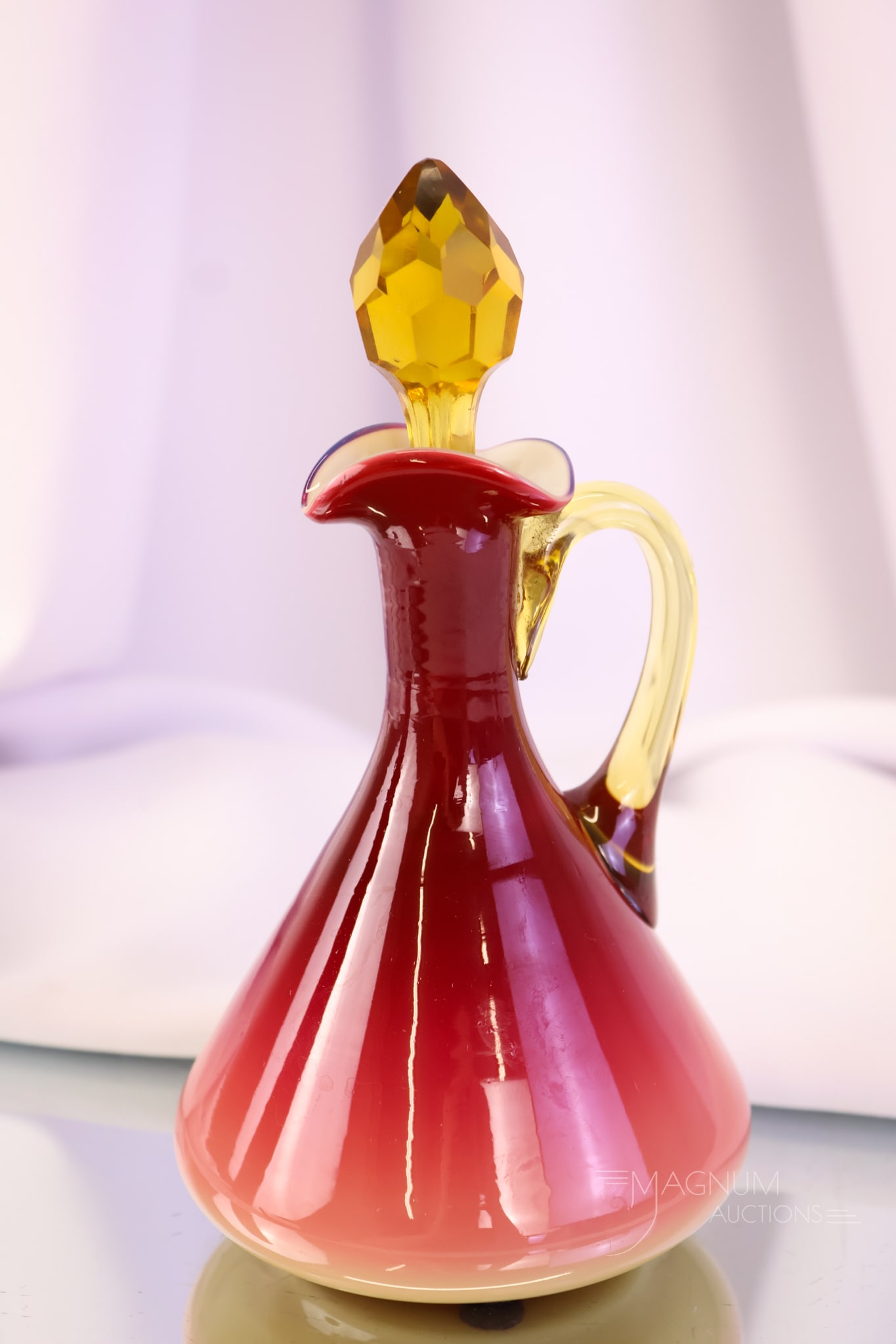 Wheeling Peachblow Victorian Uranium Art Glass TeePee Cruet: A fine piece of Victorian Wheeling Peachblow art glass. This TeePee form cruet glows brightly under black light. It has perfect coloring and quite a showy example! The cruet measures 6 3/4" tall.
