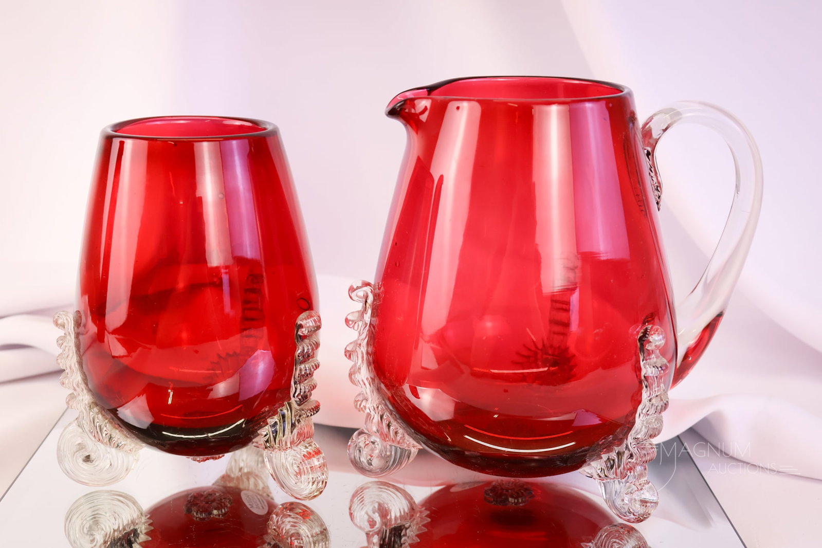 2 pc Lot Hobbs Leighton Ruby Victorian Glass Water Pitcher & Celery vase: Two collection-enhancing finds for your bidding pleasure. The first is a water pitcher. The second is a celery vase. Both are excellent examples. The tallest measures 7".