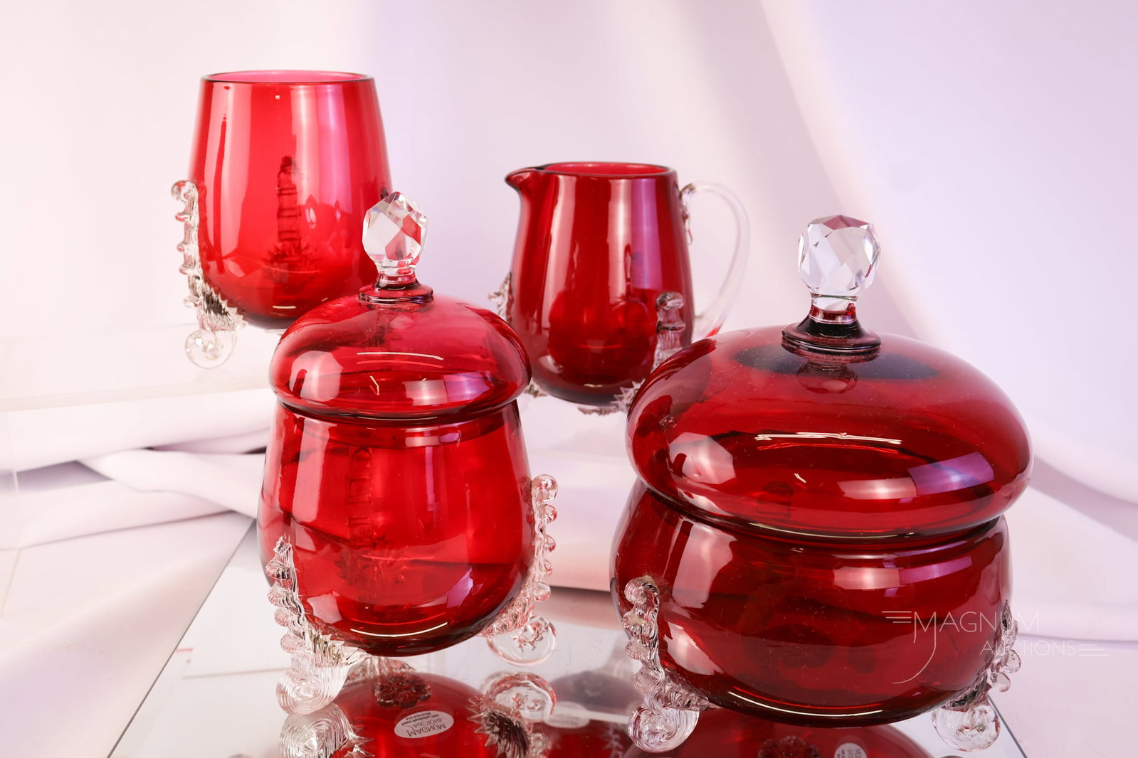 4 pc Hobbs Victorian Leighton Ruby Glass Table Set: A complete Victorian Hobbs Leighton ruby glass table set. This set is hard to find complete. Wonderful ruby coloring as well. The tallest measures 7 1/2". The butter base exhibits a chipped point off 