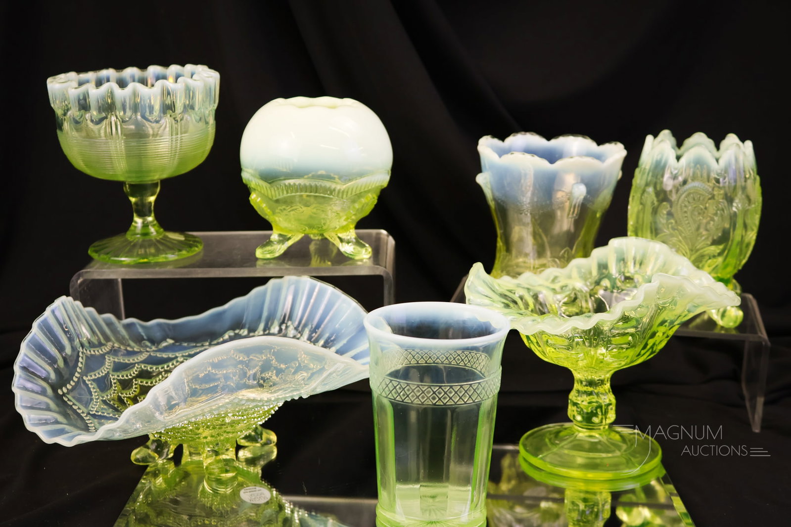 7 pc Lot Vaseline Victorian Uranium Opalescent Glass Northwood Dugan Model Flint & More: A more than generous assortment of seven pieces of Victorian vaseline uranium opalescent glass for your bidding pleasure. The lot includes pieces by such notable makers as Dugan, Model Flint, and