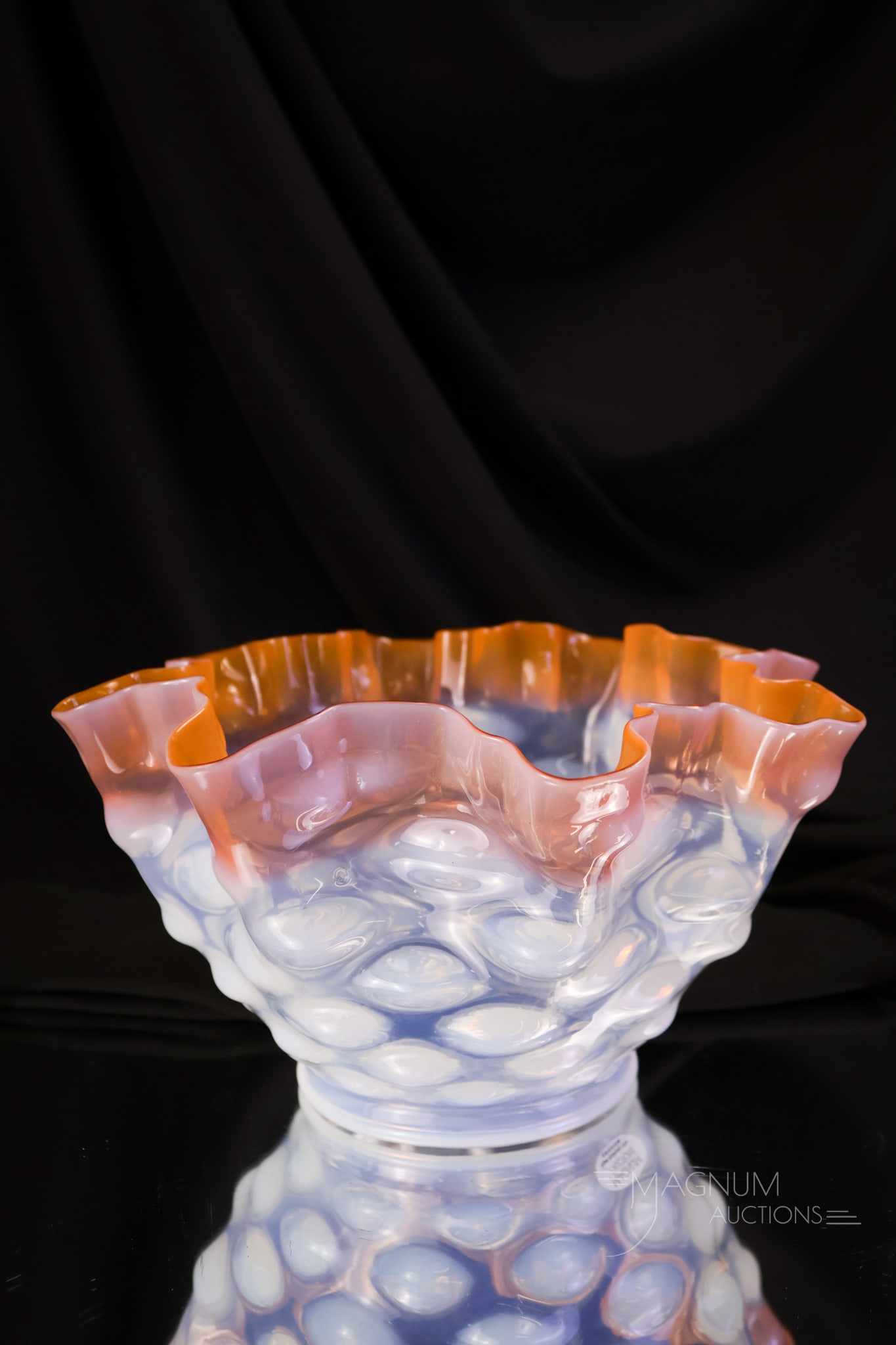Scarce Orange Opalescent Victorian Glass Oil Lamp Shade: A scarce find in an orange to clear opalescent Bullseye pattern oil lamp shade. This shade is most attractive. The shade measures 4 3/4" tall, 9" wide, and has a fitter rim that is 4" in diameter.