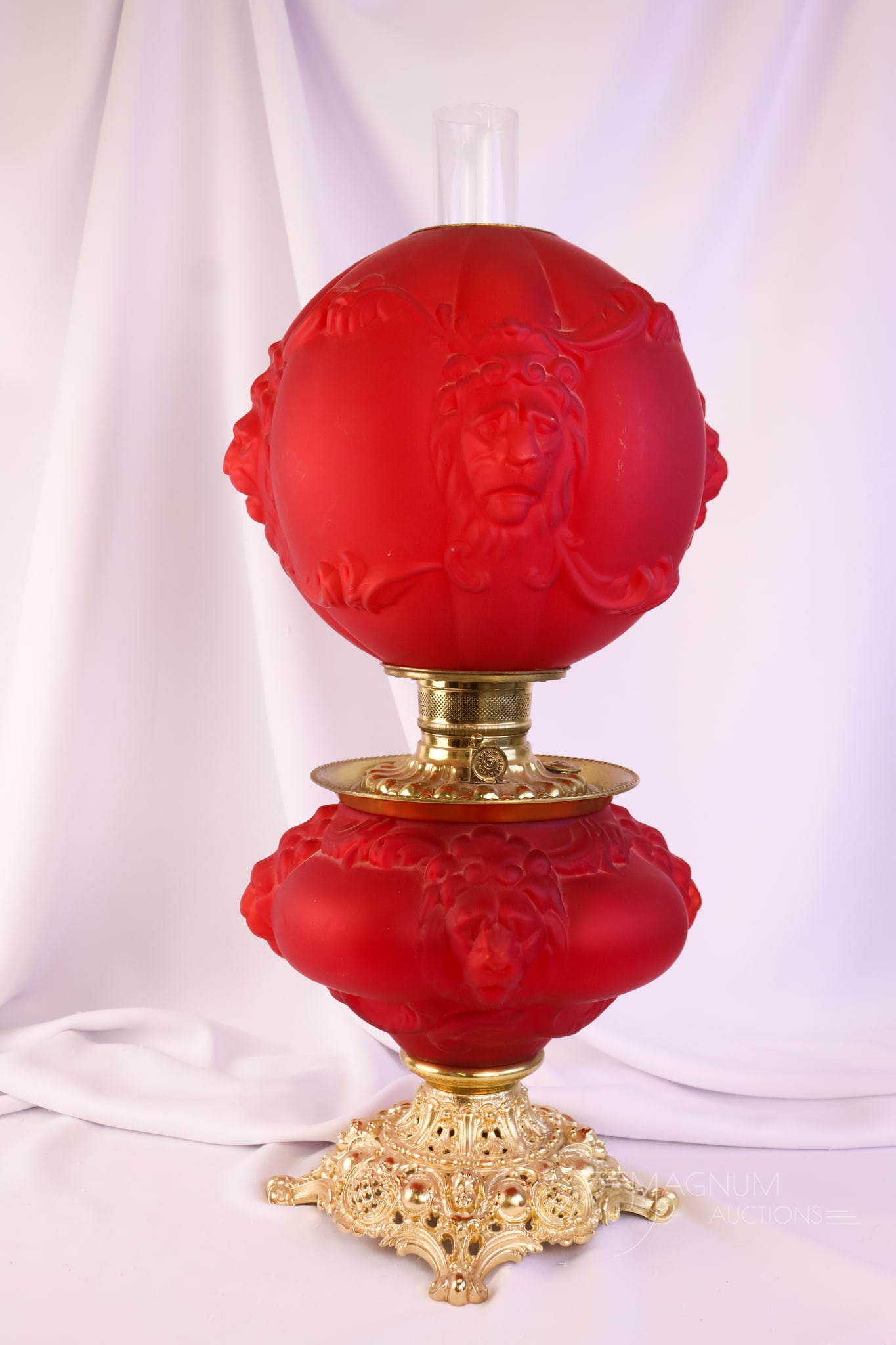 Pigeon Blood Red Satin Victorian Glass Lion Head Gone with the Wind Parlor Oil Lamp (1 of 16)
