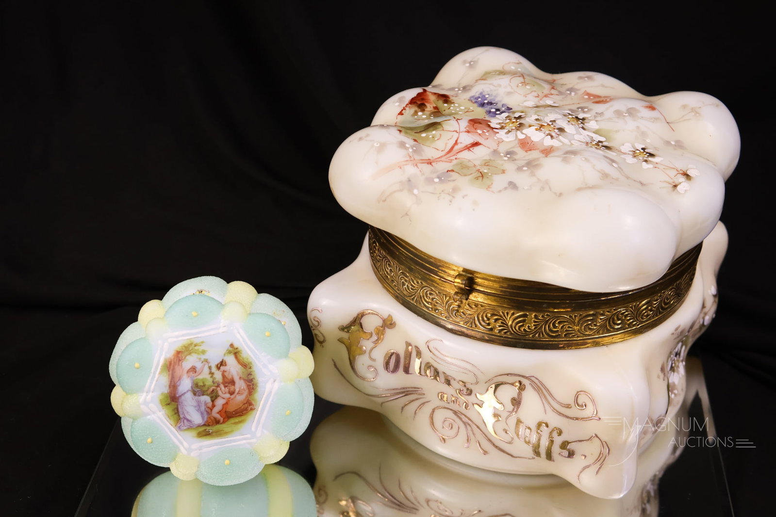 2 pc Lot Large Wave Crest Victorian Glass Collars & Cuffs and Scenic Decorated Dresser Boxes (1 of 12)
