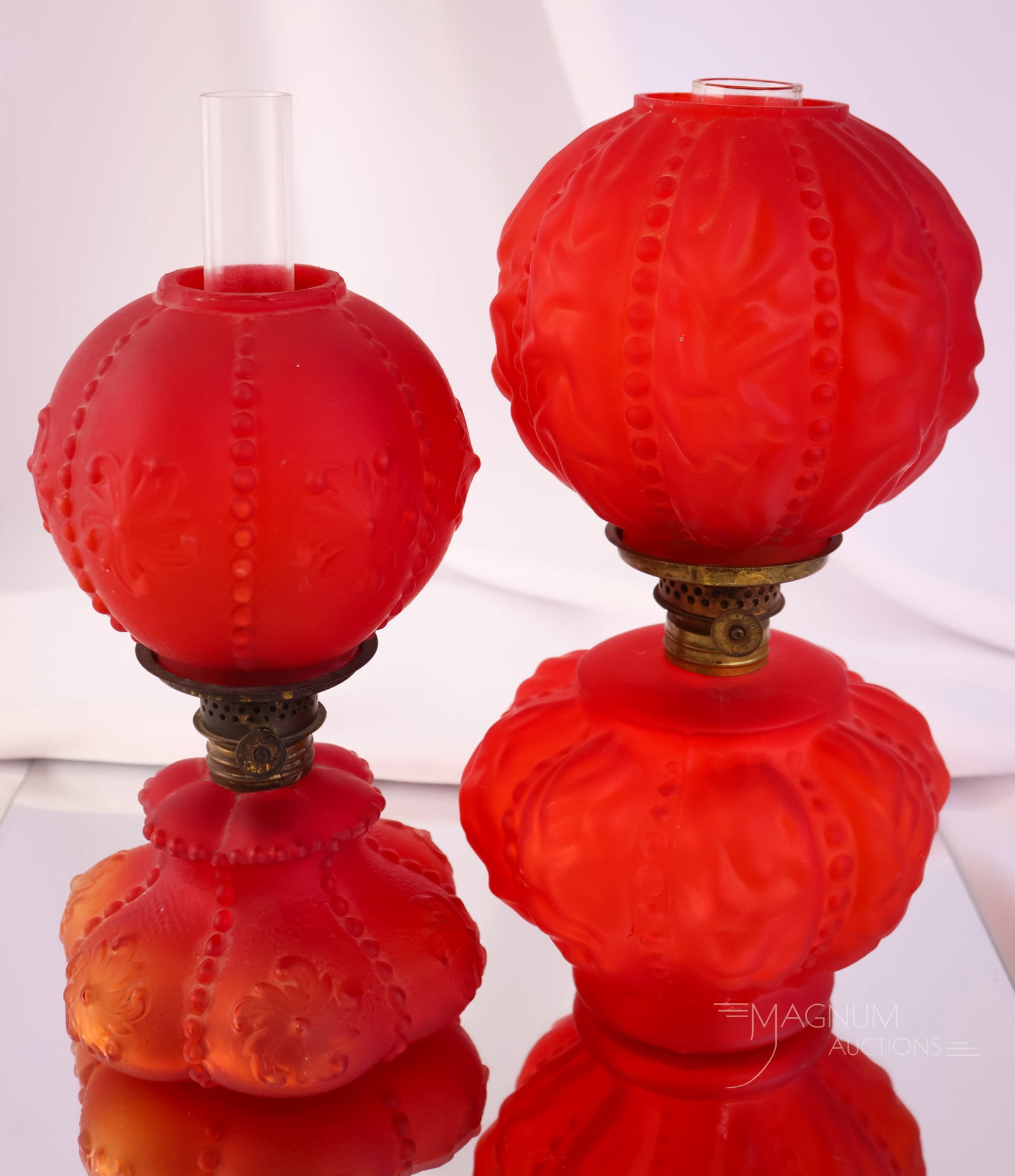 2 pc Lot Victorian Red Satin Pigeon Blood Miniature Oil Lamps (1 of 13)