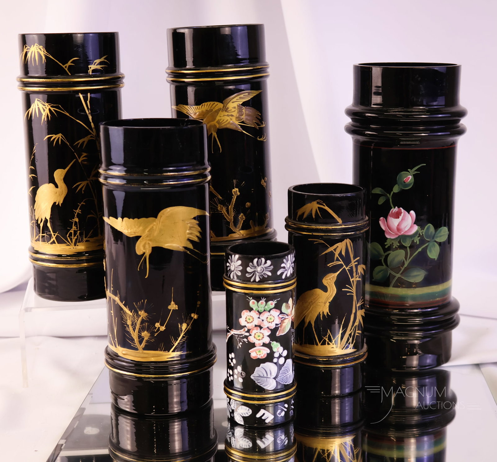 6 pc Lot Smith Bros. Black Amethyst Glass Victorian Cylinder Vases: A half dozen Victorian Smith Bros. black amethyst-decorated cylinder vases for your bidding pleasure. This lot includes four with enamel stork scenes and two with colorful enameled florals. The talles