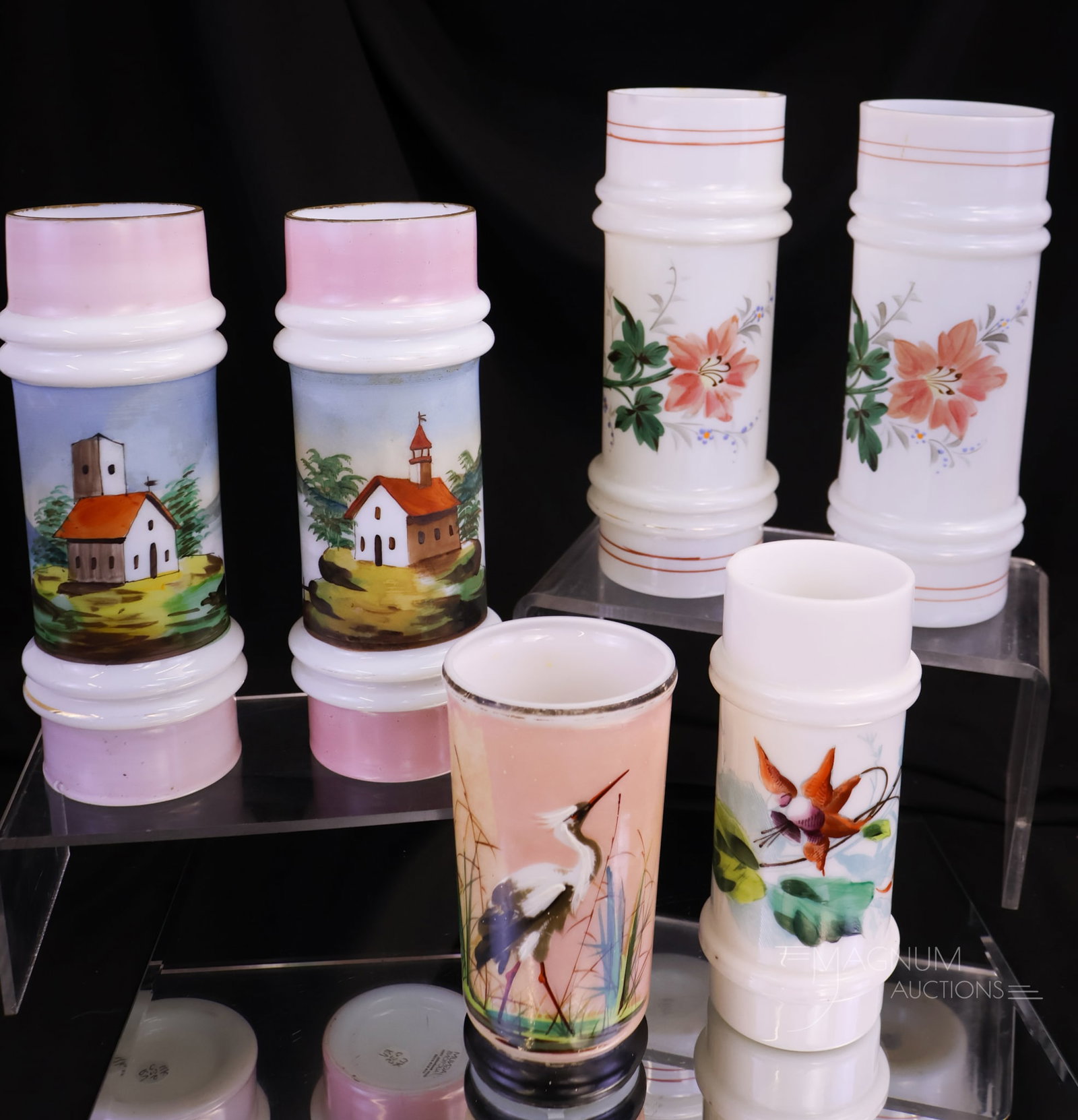 6 pc Lot Smith Bros. Victorian Glass Cylinder Vases & More: An assembled lot of beautiful Smith Bros Victorian glass Cylinder form and more vases. There is a pair of cottage-on-a-lake scenic vases. The tallest measures 6".