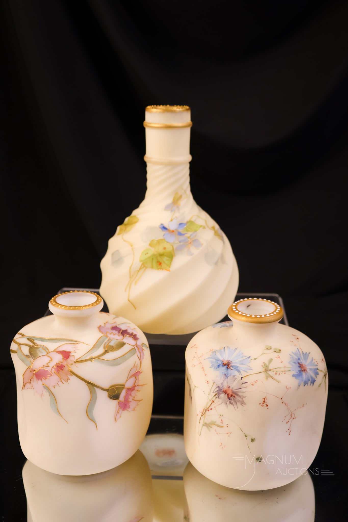3 pc Lot Signed Smith Bros. Victorian Glass Decorated Vases (1 of 9)