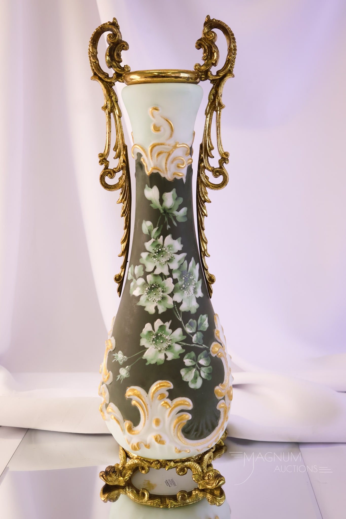 Wave Crest Ormolu 17" Victorian Glass Decorated Vase (1 of 8)
