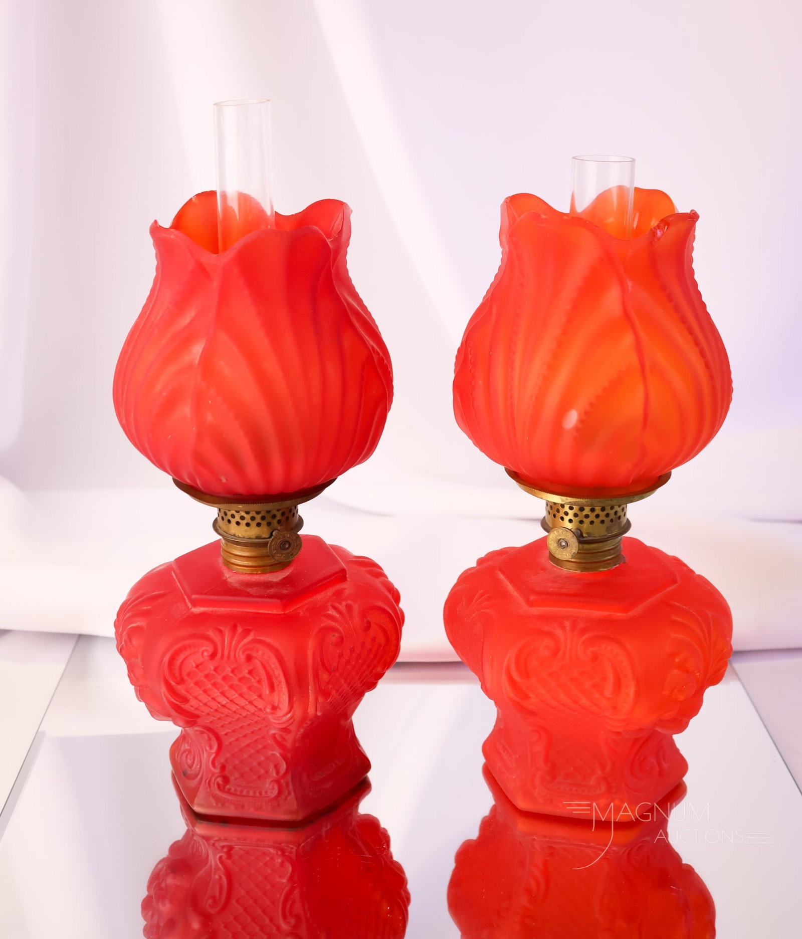 Pair Victorian Red Satin Pigeon Blood Miniature Oil Lamps (1 of 17)