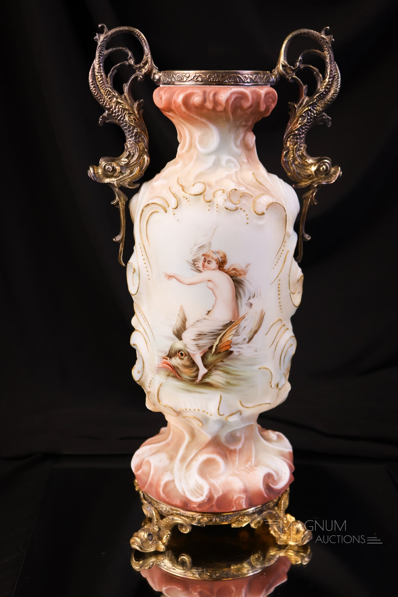 Victorian 14" Wave Crest "Woman Riding a Dolphin" Glass Ormolu Vase (1 of 9)