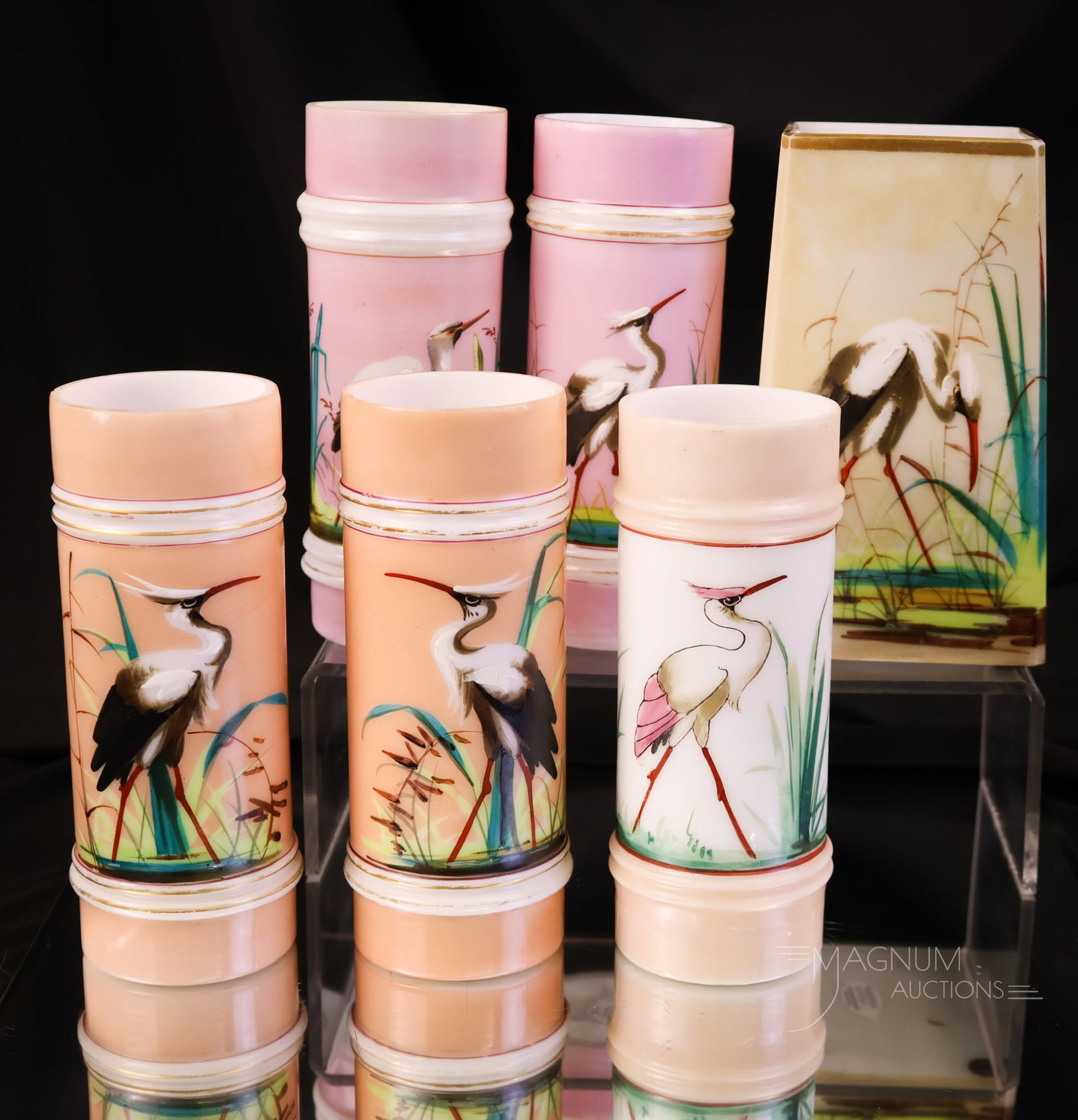 6 pc Lot Smith Bros. Victorian Glass Cylinder Stork Decorated Vases: Six decorated Smith Bros. Victorian glass vases. Five are cylinder-form vases, and one is square in form. Each is decorated with a stork. The tallest measures 6".