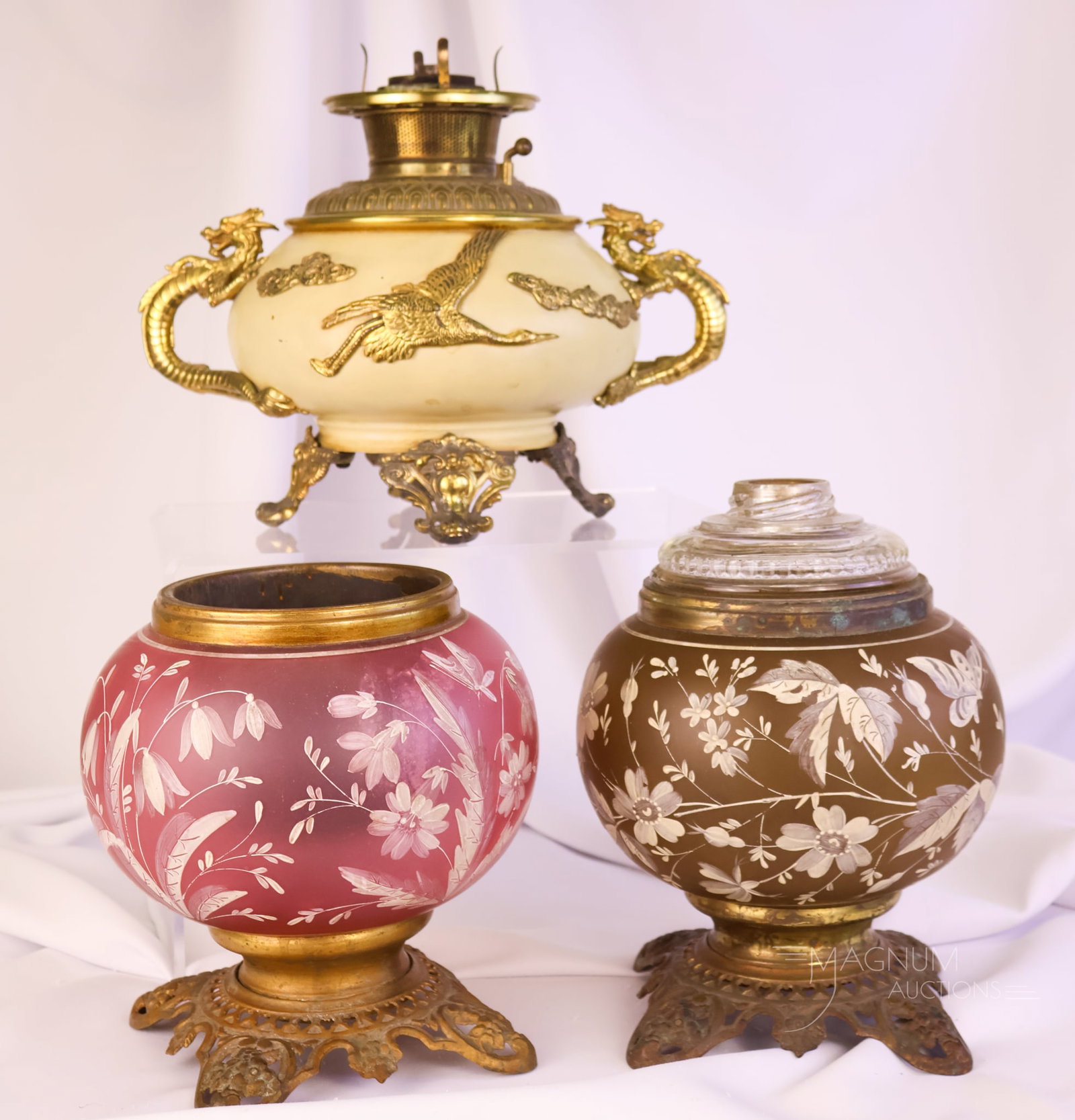 3 pc Lot Victorian Parlor Oil Lamp Bases Cameo & Dragons (1 of 14)