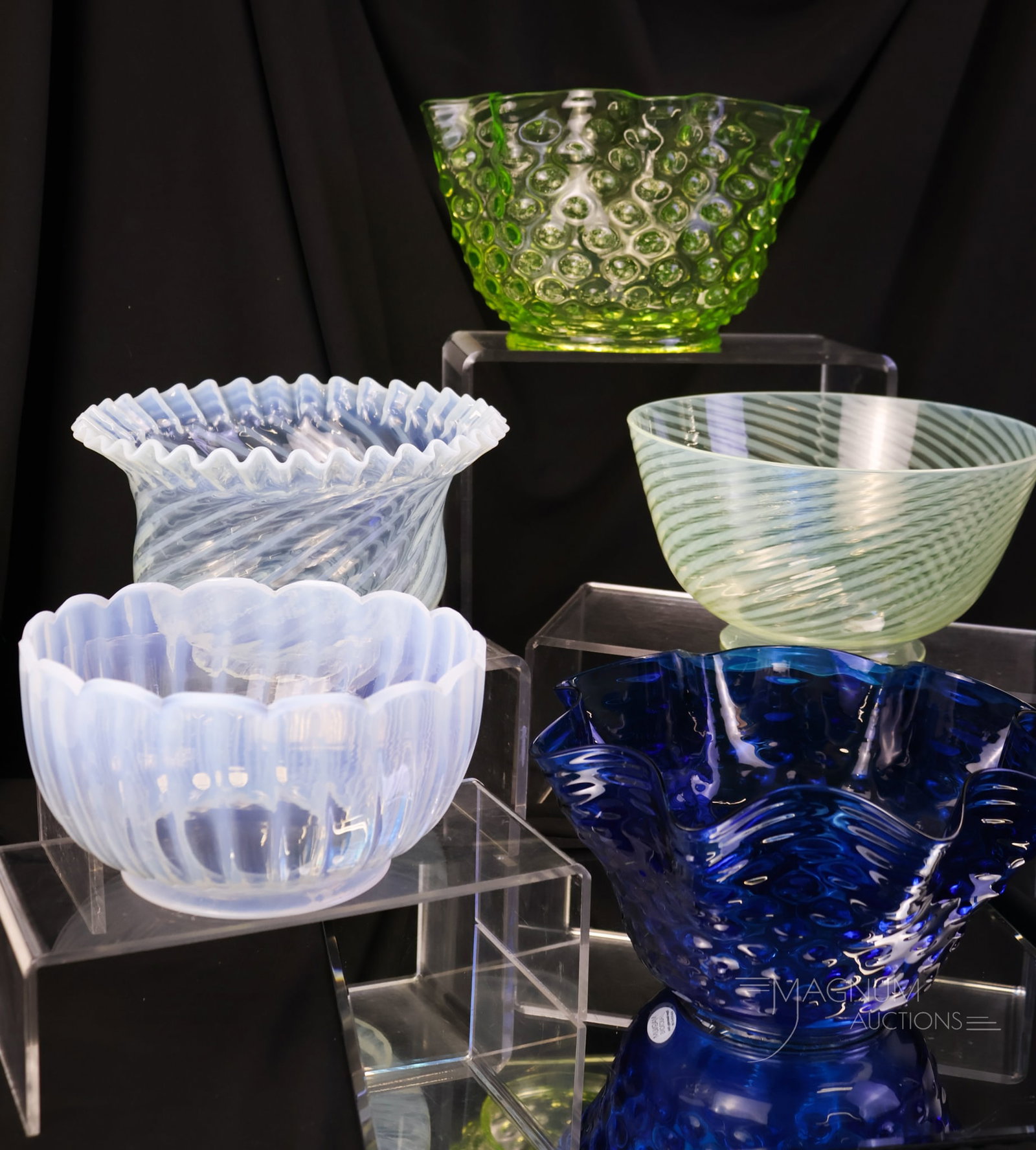 5 pc Lot Victorian Art Glass Gas Oil Lamp Shades Uranium & More: Here is a lot you'll want to bid on! This lot offers five Victorian art glass shades. The first is an opalescent ribbed example. The second is a deep blue Hobanil pattern with a ruffled edge. The thir