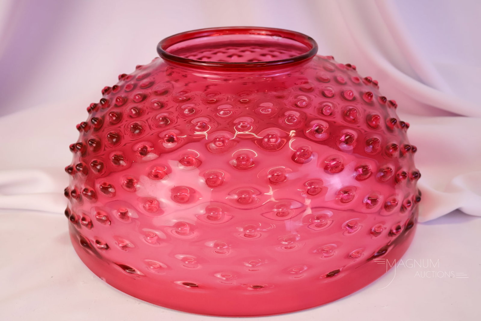 Hobbs Cranberry Hobnail Victorian Parlor Oil Lamp 14" Shade: A beautiful and rich cranberry Hobbs Hobnail pattern parlor oil lamp shade. This shade fits a 14" frame and measures 13 3/4" in diameter. The shade measures 7" tall. The rim exhibits two sizeable chip