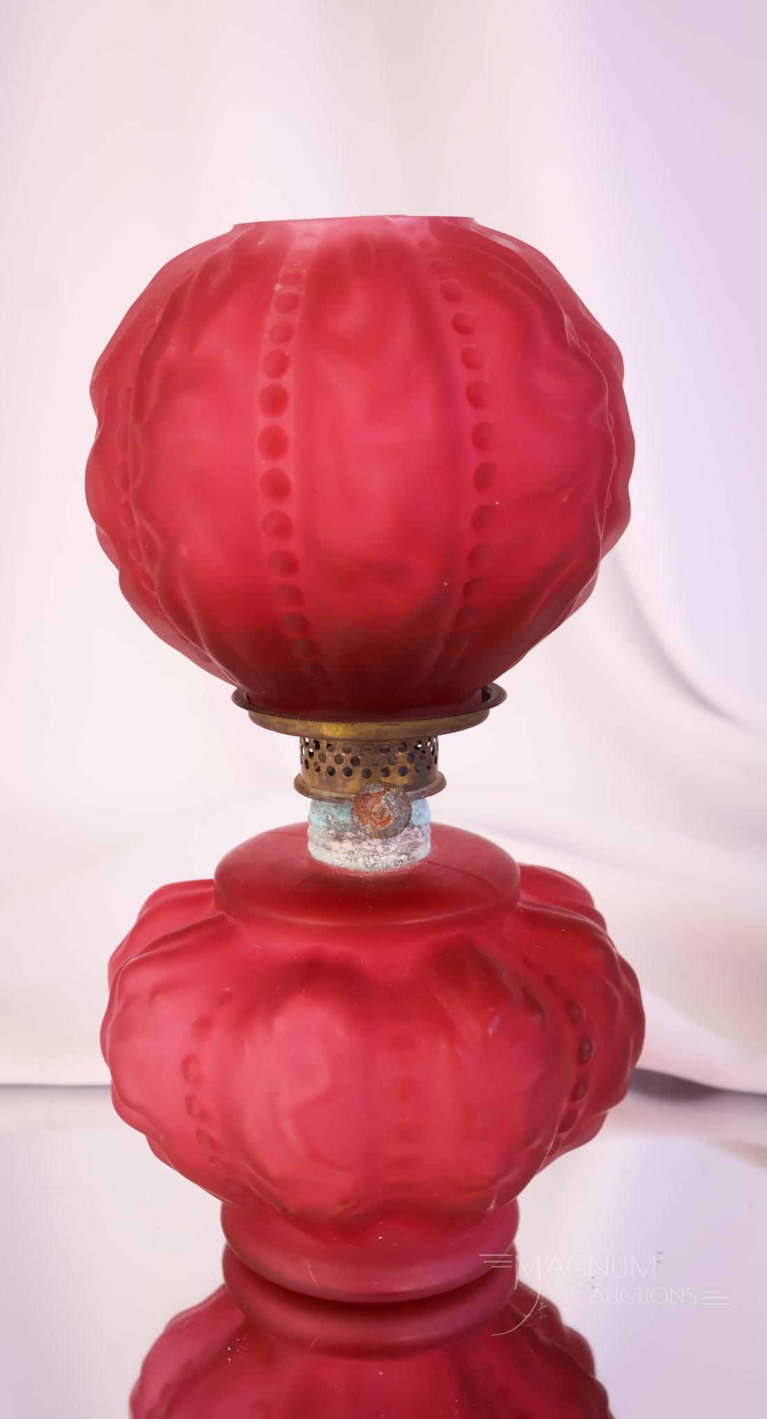 Fenton L.G. Wright Cranberry Glass Satin Beaded Drape Miniature Oil Lamp (1 of 10)