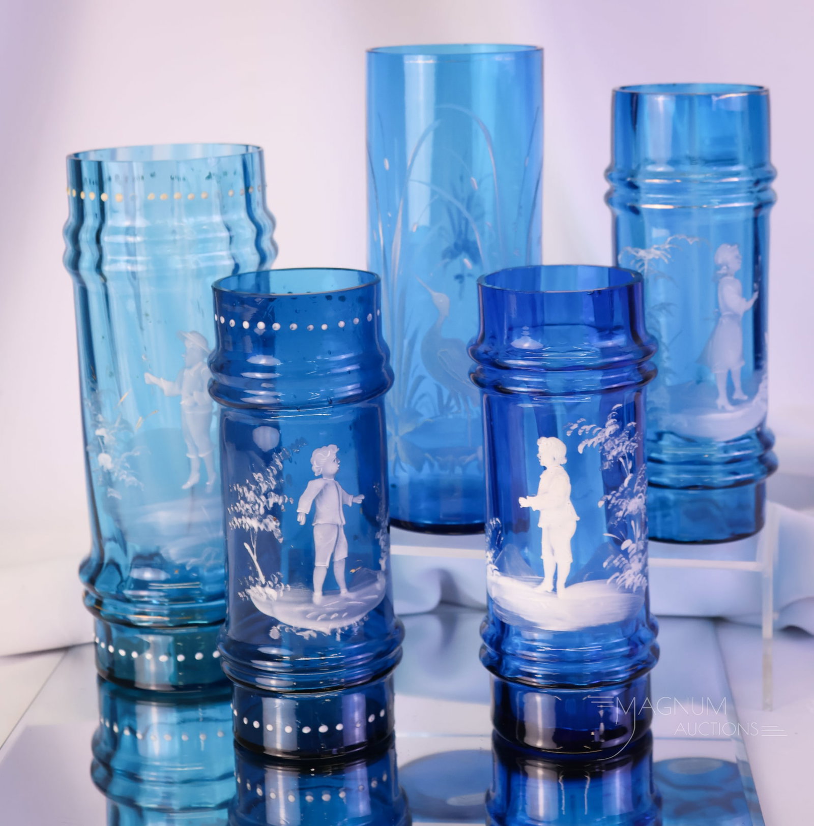 5 pc Lot Mary Gregory Decorated Blue & White Glass Cylinder Vases (1 of 13)