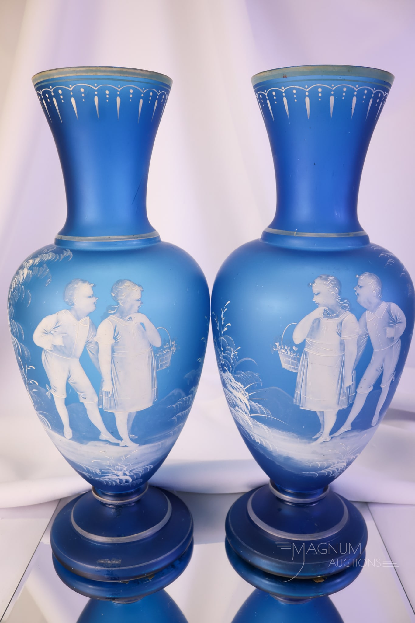 Monumental Pair 14 3/4" Opposing Blue Satin Mary Gregory Victorian Glass Mantle Vases (1 of 4)