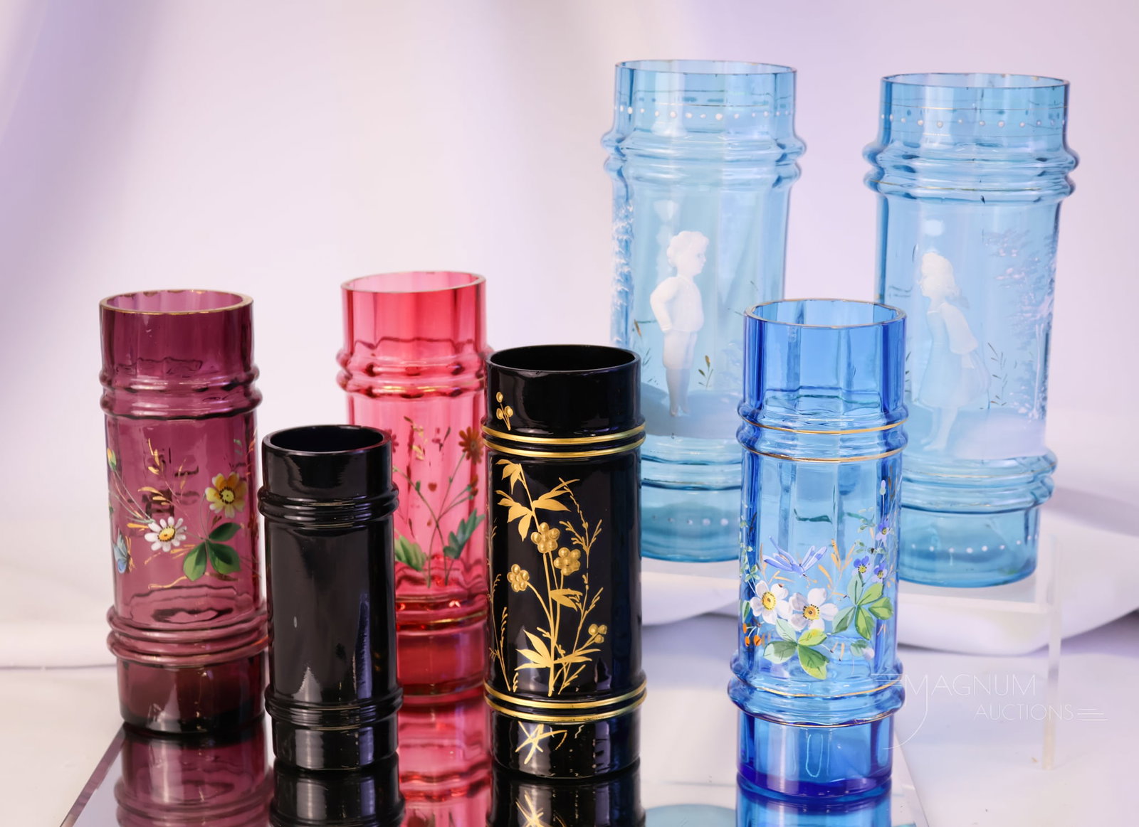 7 pc Lot Mary Gregory Victorian Glass Cylinder Vases (1 of 9)