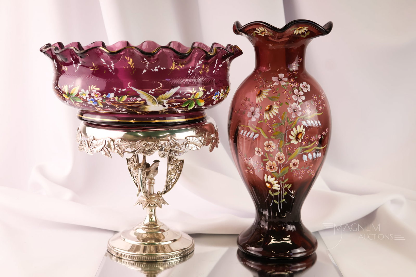 2 pc Lot Amethyst Enamel Decorated Victorian Glass & Aurora Silverplate Brides Bowl & Vase (1 of 13)