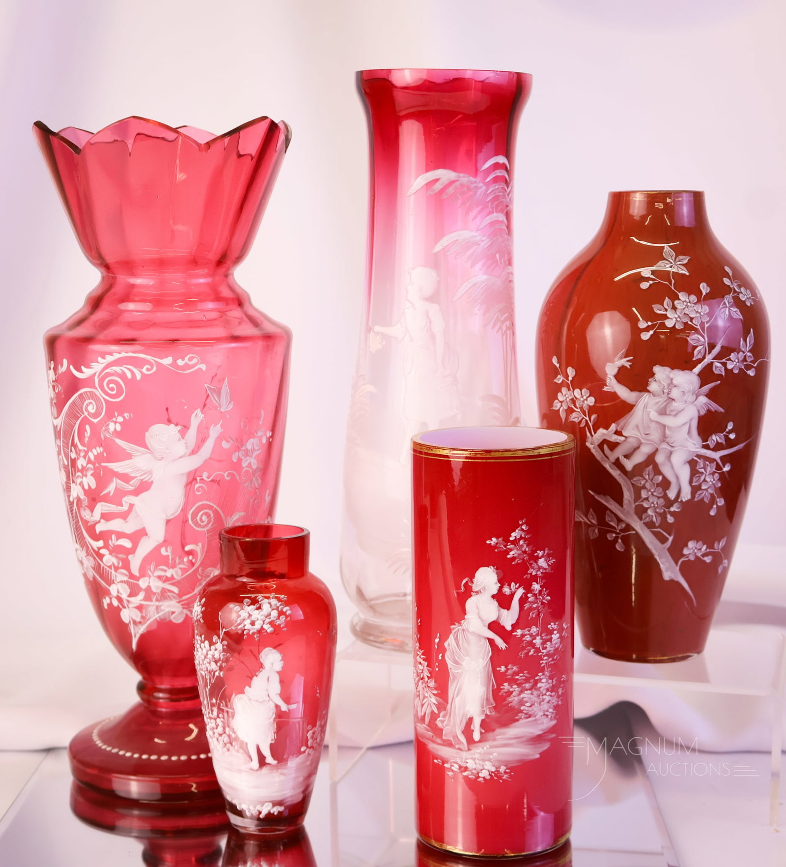 5 pc Lot Victorian Mary Gregory Decorated Glass Vases (1 of 9)