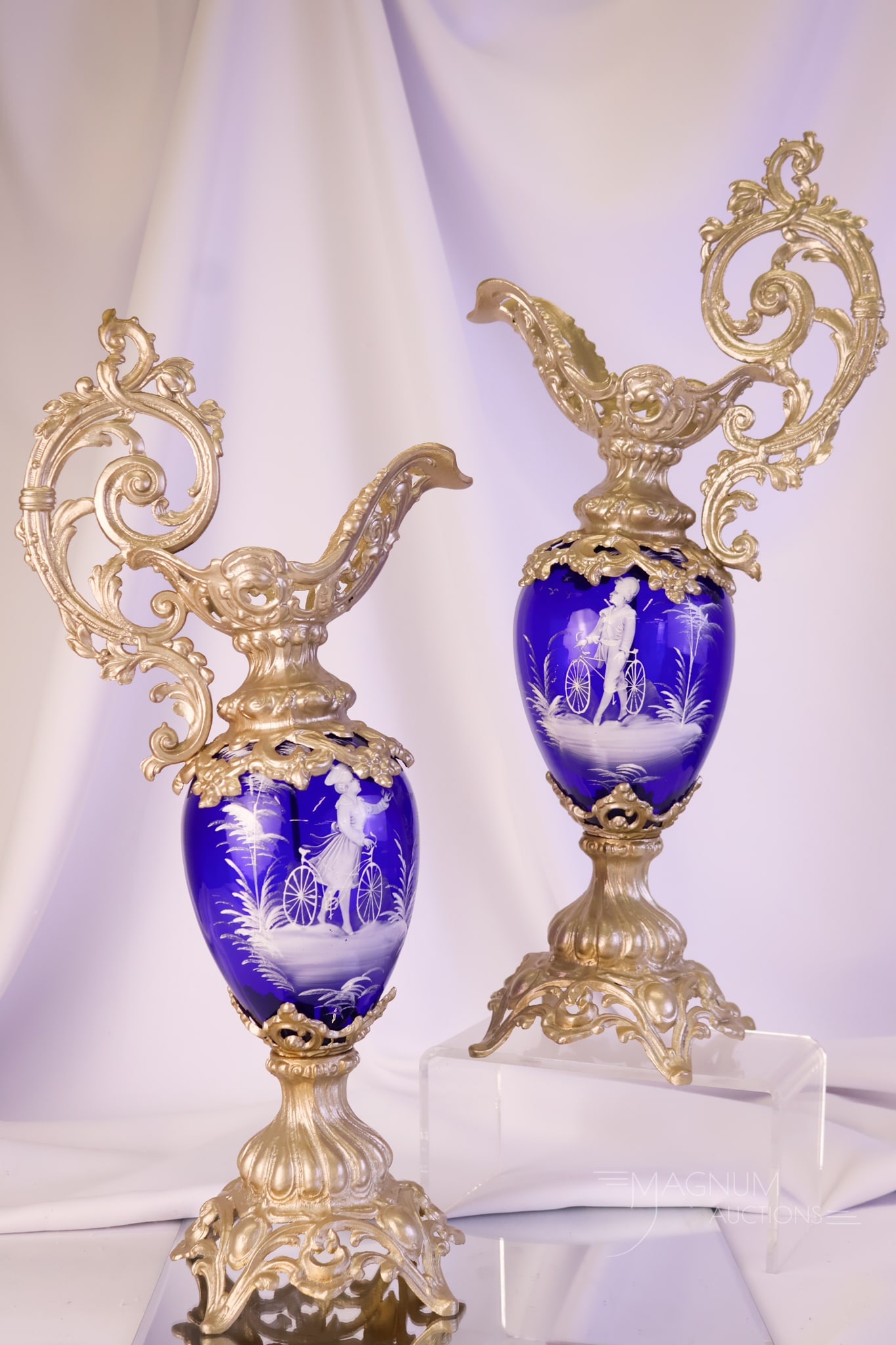 Rare Monumental 19 1/2" Opposing Cobalt Mary Gregory Decorated Glass Cyclist Mantle Ewers (1 of 8)