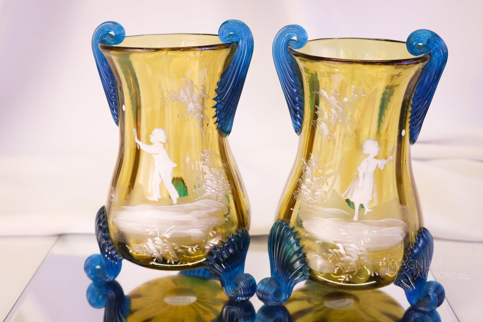 Pair Amber & Blue Victorian Mary Gregory Badminton Scene Vases (1 of 5)
