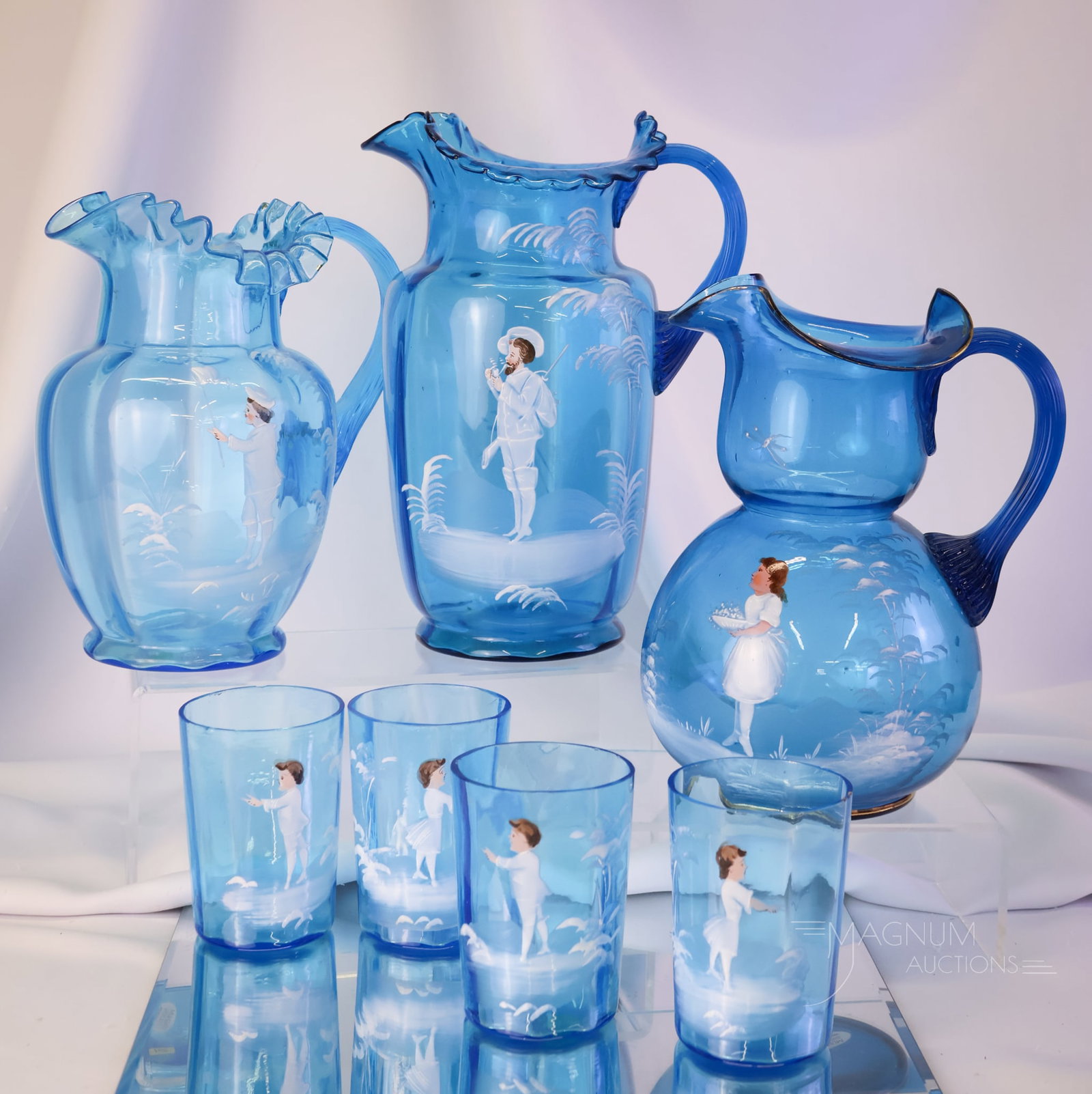 7 pc Lot Victorian Mary Gregory Decorated Glass Water Set & More (1 of 15)