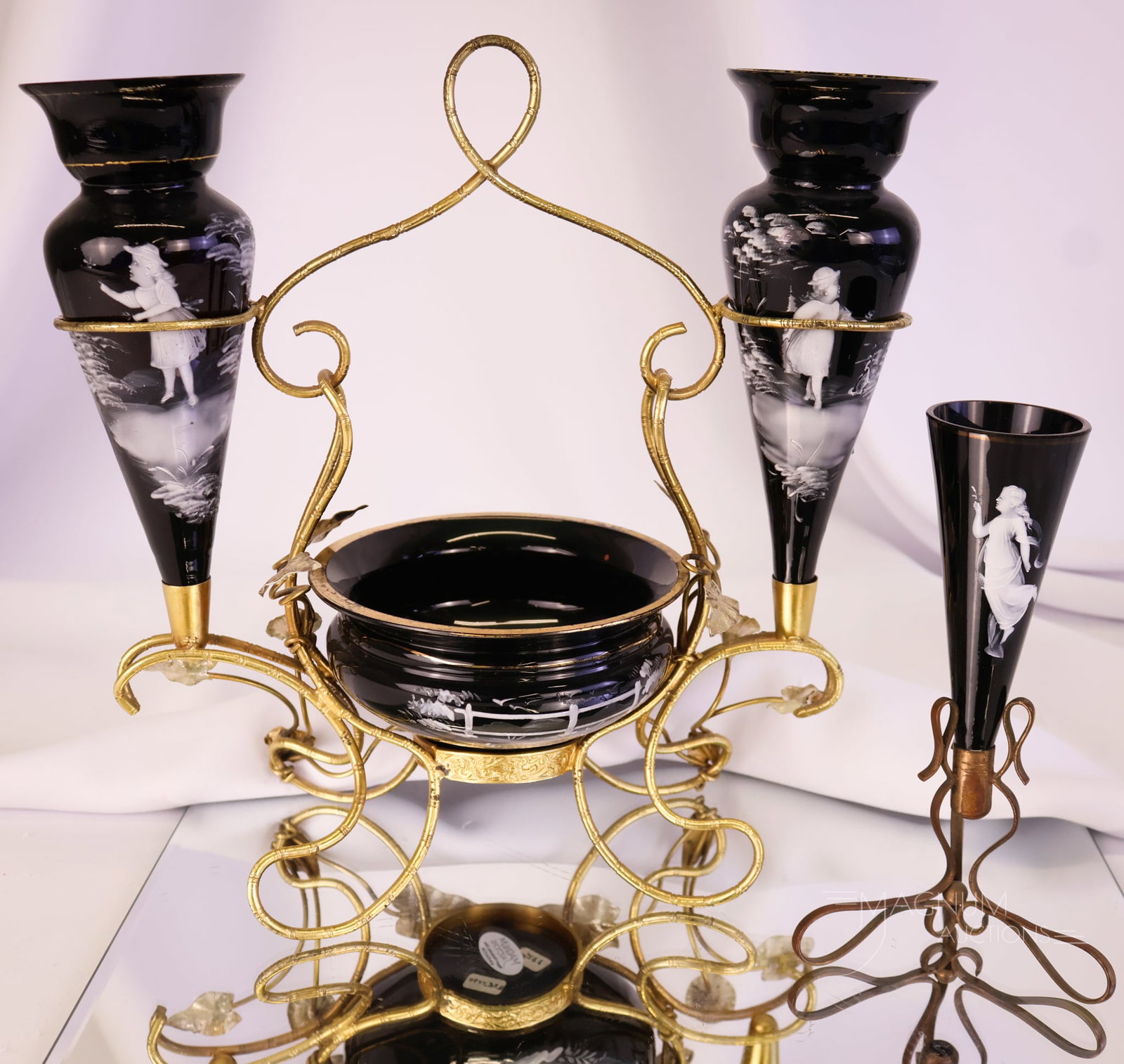 2 pc Lot Victorian Mary Gregory Decorated Glass Vanity Set & Ormolu Vase (1 of 14)