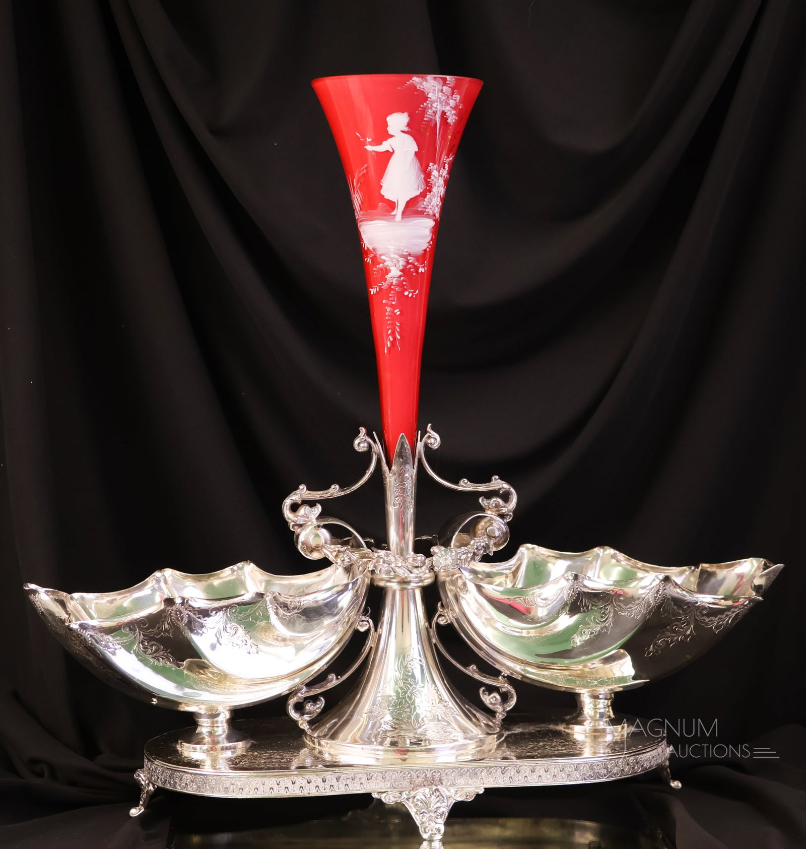 Victorian 18" English Silverplate Cased Cranberry Kate Greenaway Centerpiece (1 of 11)