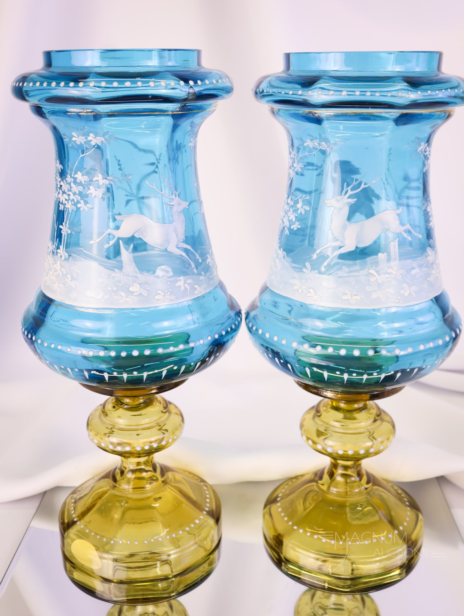 Pair Victorian Mary Gregory Decorated Glass Blue & Amber 12" Vases (1 of 6)