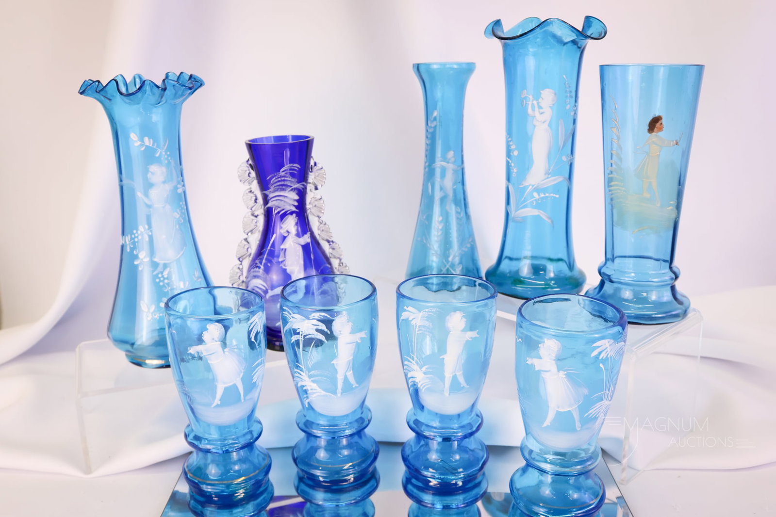 9 pc Lot Victorian Mary Gregory Enameled Glass Tumblers & Vases (1 of 8)