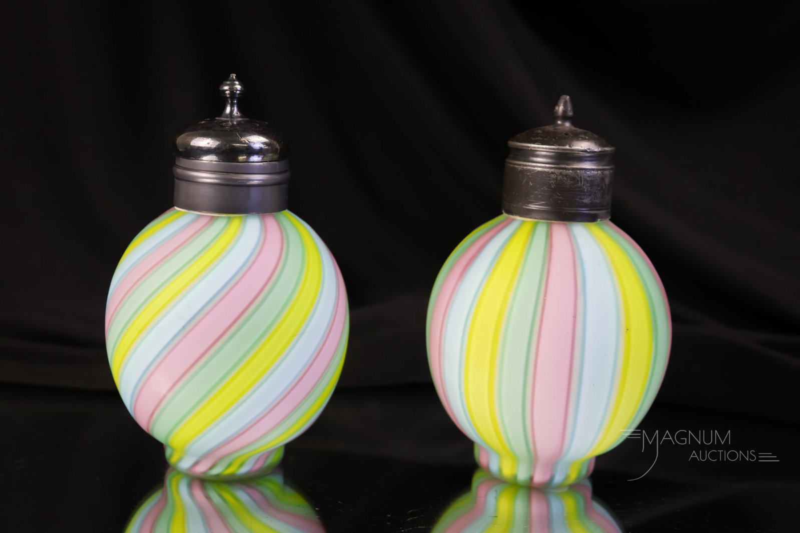 Rare Pair of Rainbow Stripe/Swirl Art Glass Salt Shakers (1 of 7)