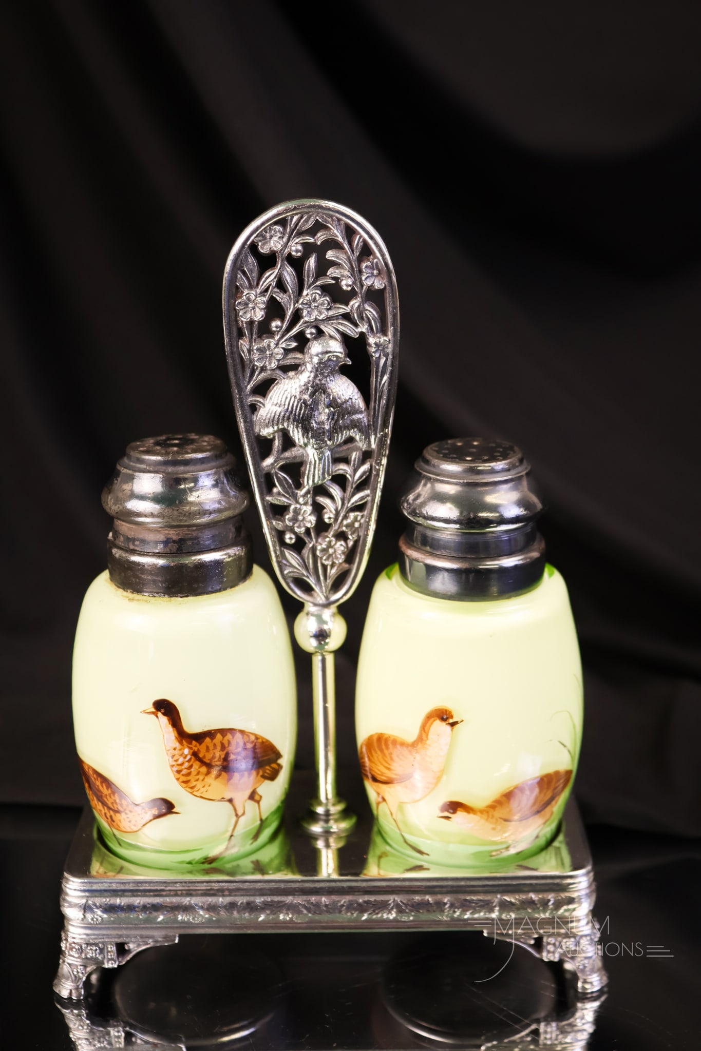 Pair Vaseline Uranium Game Bird Victorian Glass Salt Shakers in Meriden Silverplate (1 of 10)