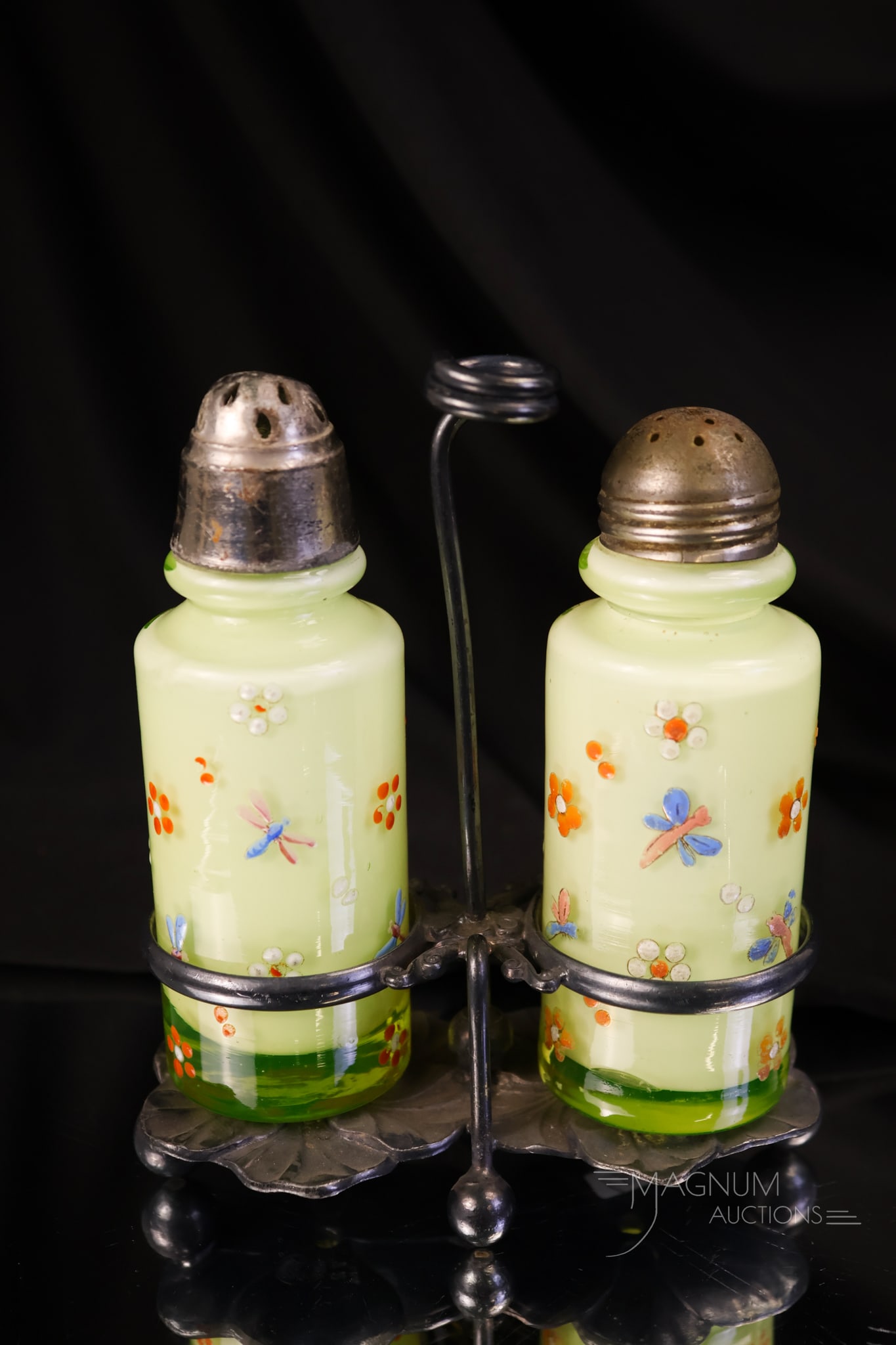 Pair Vaseline Uranium Dragonfly Victorian Cased Glass Salt Shakers Meriden Silverplate (1 of 11)