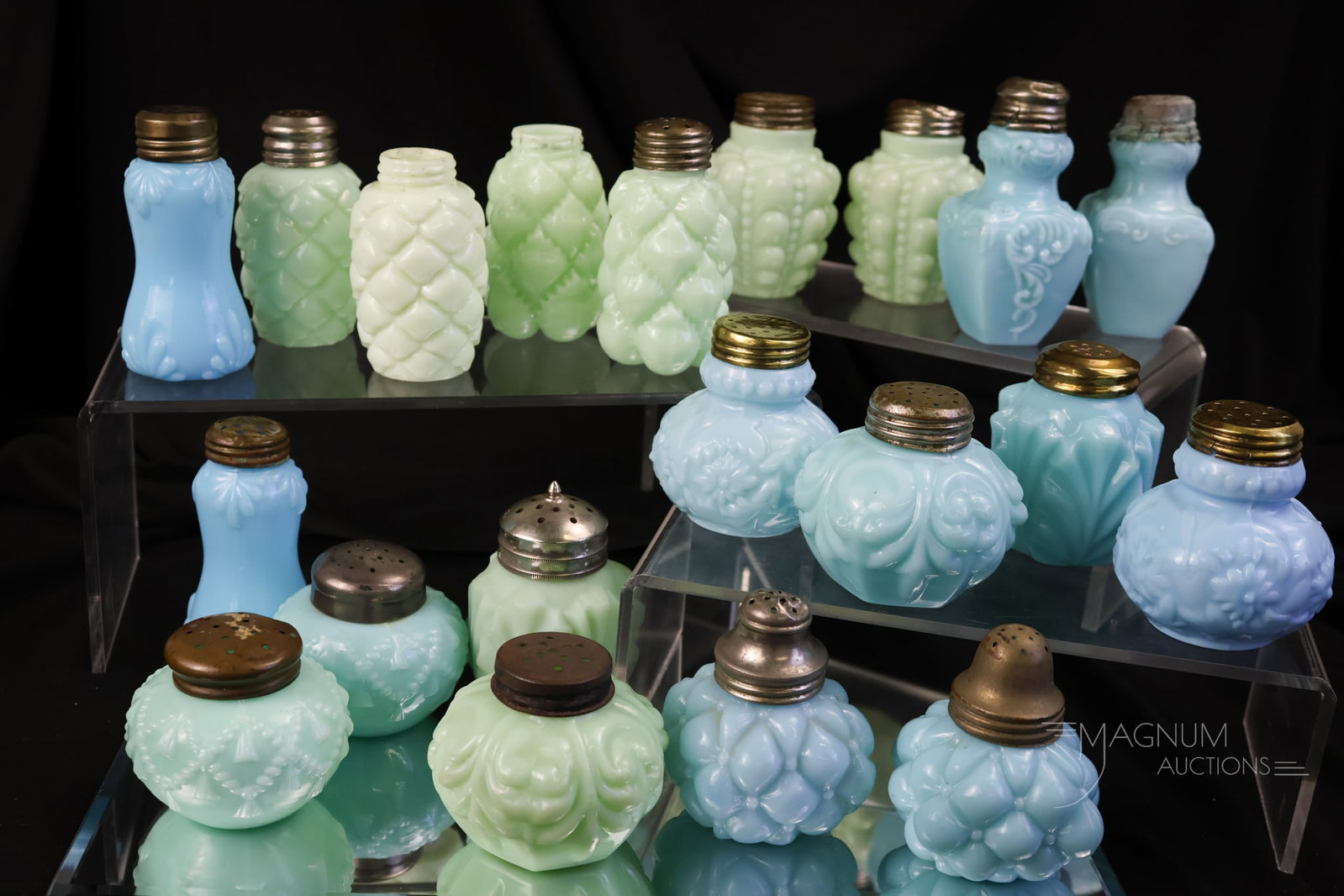 20 pc Lot Victorian Glass Salt Shakers Blue & Green Opaque Consolidated Dithridge & More: A twenty piece lot of Victorian blue and green opaque glass salt shakers. There are five pairs of blue and three pairs of green shakers. The remaining are singles. The tallest measures 4". There is ur
