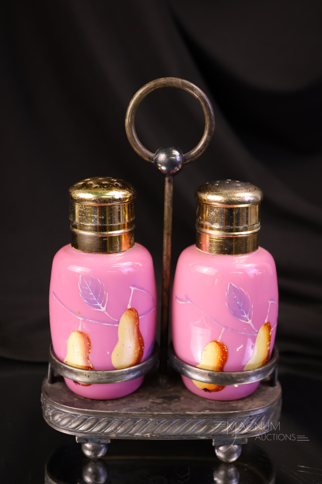 Pair Victorian Pink Pear Enameled Glass Salt Shaker Barbour Silverplate (1 of 9)
