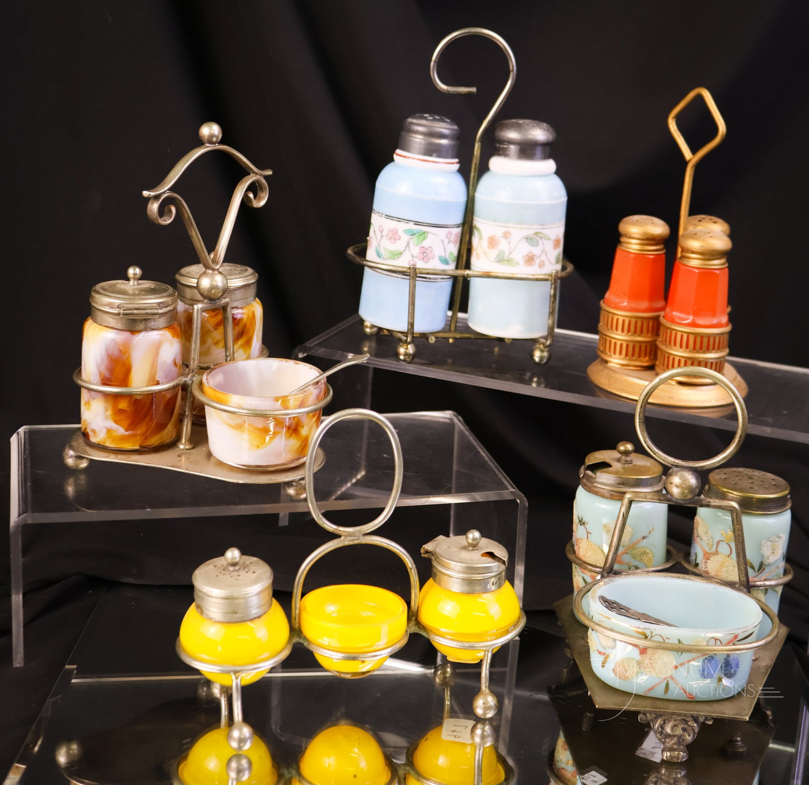 5 pc Lot Victorian Glass & Silverplate Condiment Sets: Five unique finds for your collection. This offering includes various condiment sets from the Victorian era. There are cased and slag glass, coralene-decorated, and more. The tallest measures 6".
