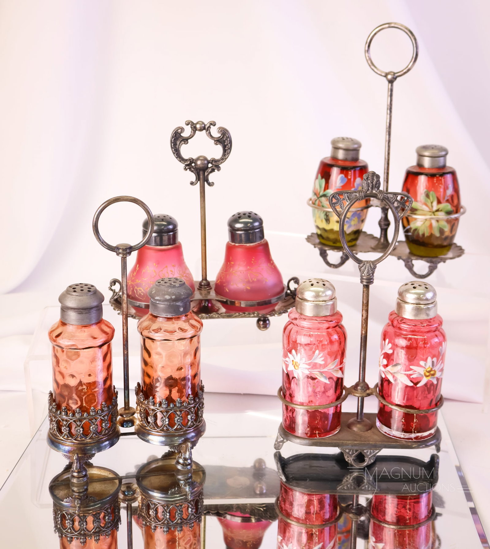 4 pc Lot Victorian Glass & Silverplate Salt Shaker Sets Cranberry Amberina & More (1 of 7)