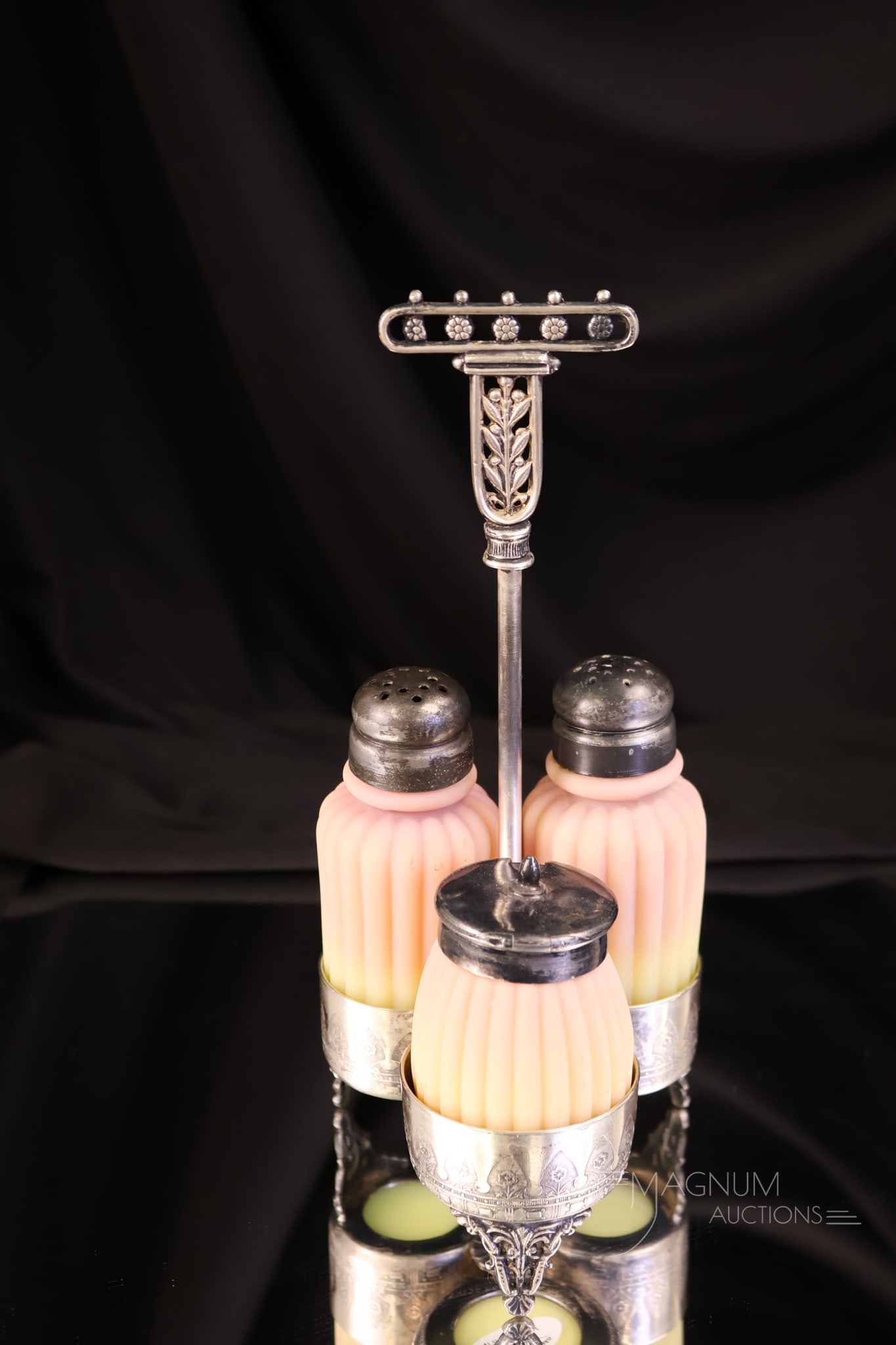 Barbour Silverplate Mt. Washington Burmese Glass Uranium Condiment Set (1 of 7)