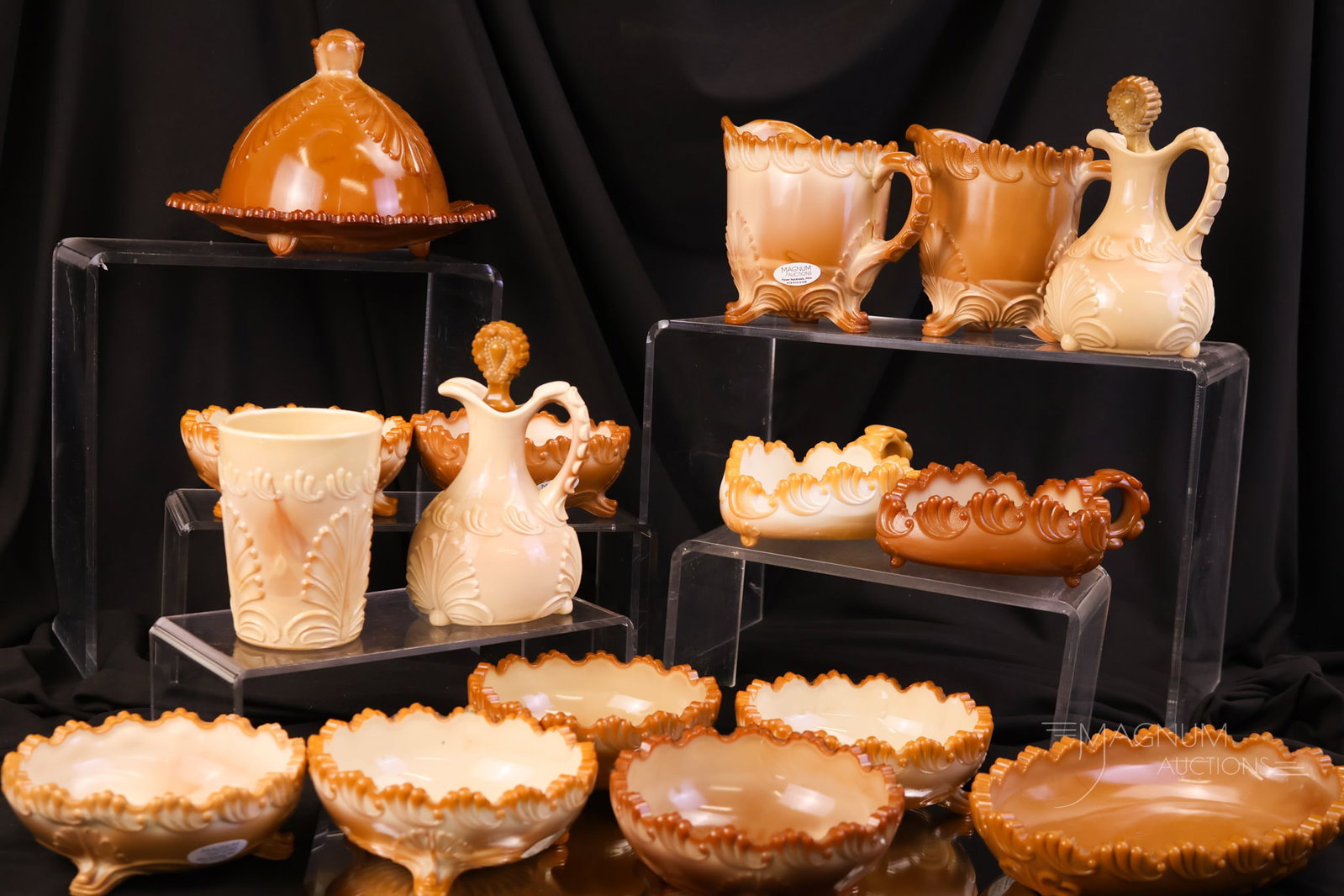 16 pc Greentown Victorian Chocolate Glass Leaf Bracket: Sixteen pieces of Victorian Greentown choclate glass Leaf Bracket pattern. The lot includes various forms for your bidding pleasure. The tallest measures 6".