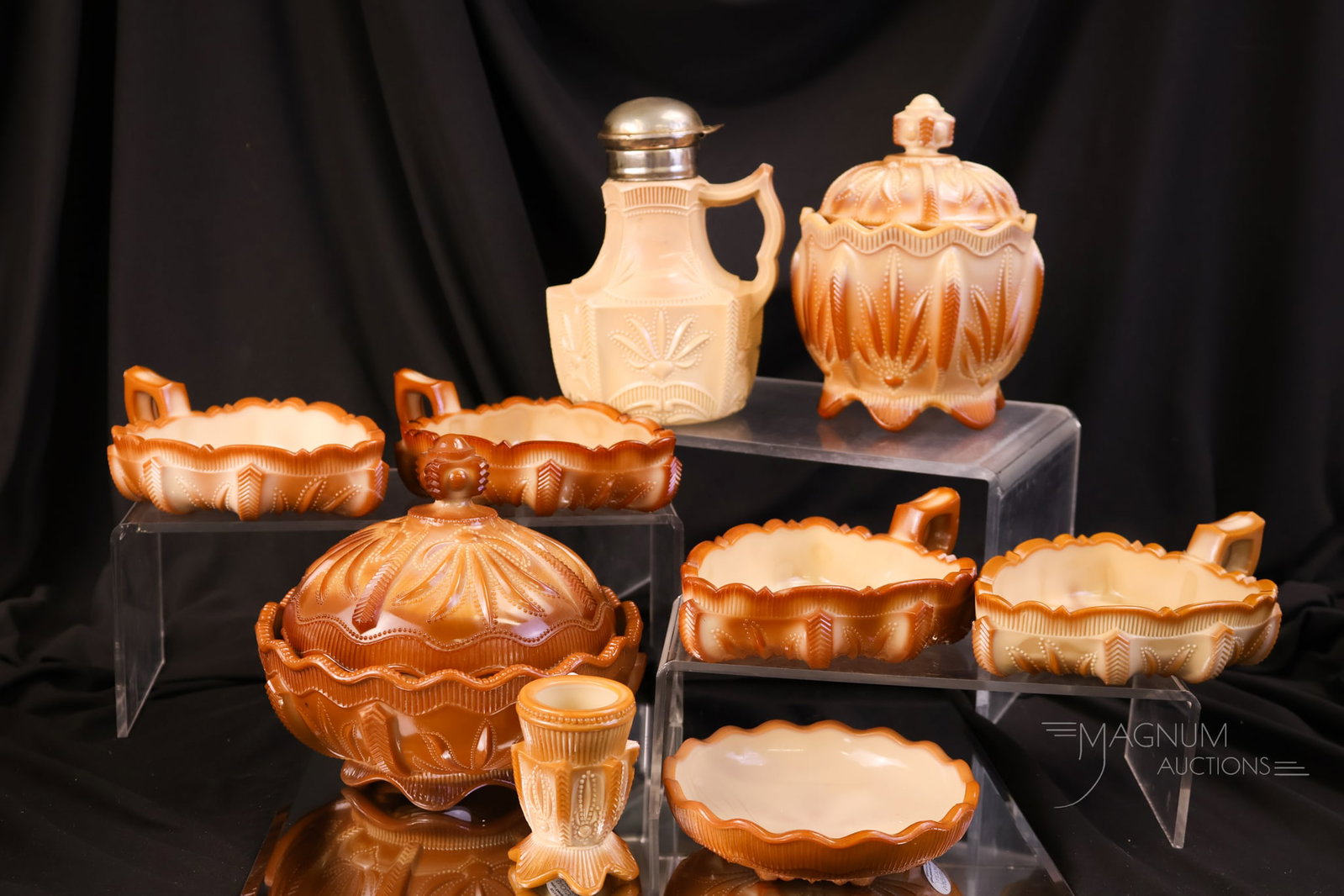10 pc Lot Victorian Greentown Chocolate Glass Cactus Pattern (1 of 10)