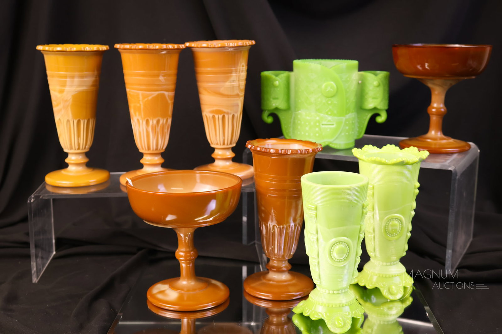 9 pc Lot Greentown Victorian Chocolate & Nile Green Glass (1 of 8)