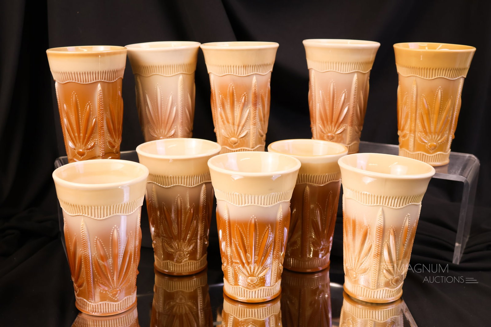 10 pc Lot Victorian Greentown Chocolate Glass Cactus Tumblers (1 of 6)