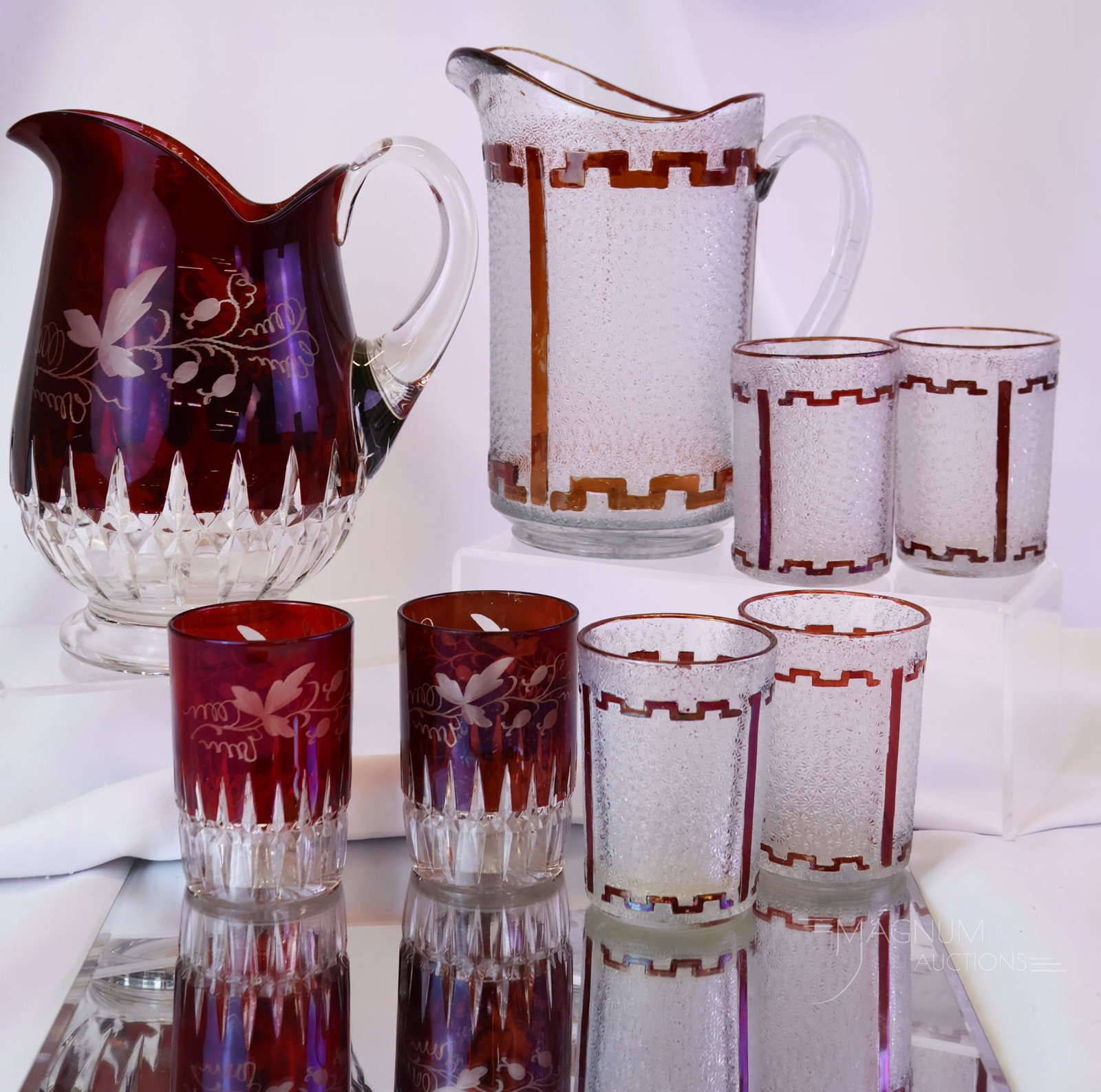 8 pc Lot New Martinsville Ruby Stained EAPG Lorraine Water Pitchers & Tumblers (1 of 14)
