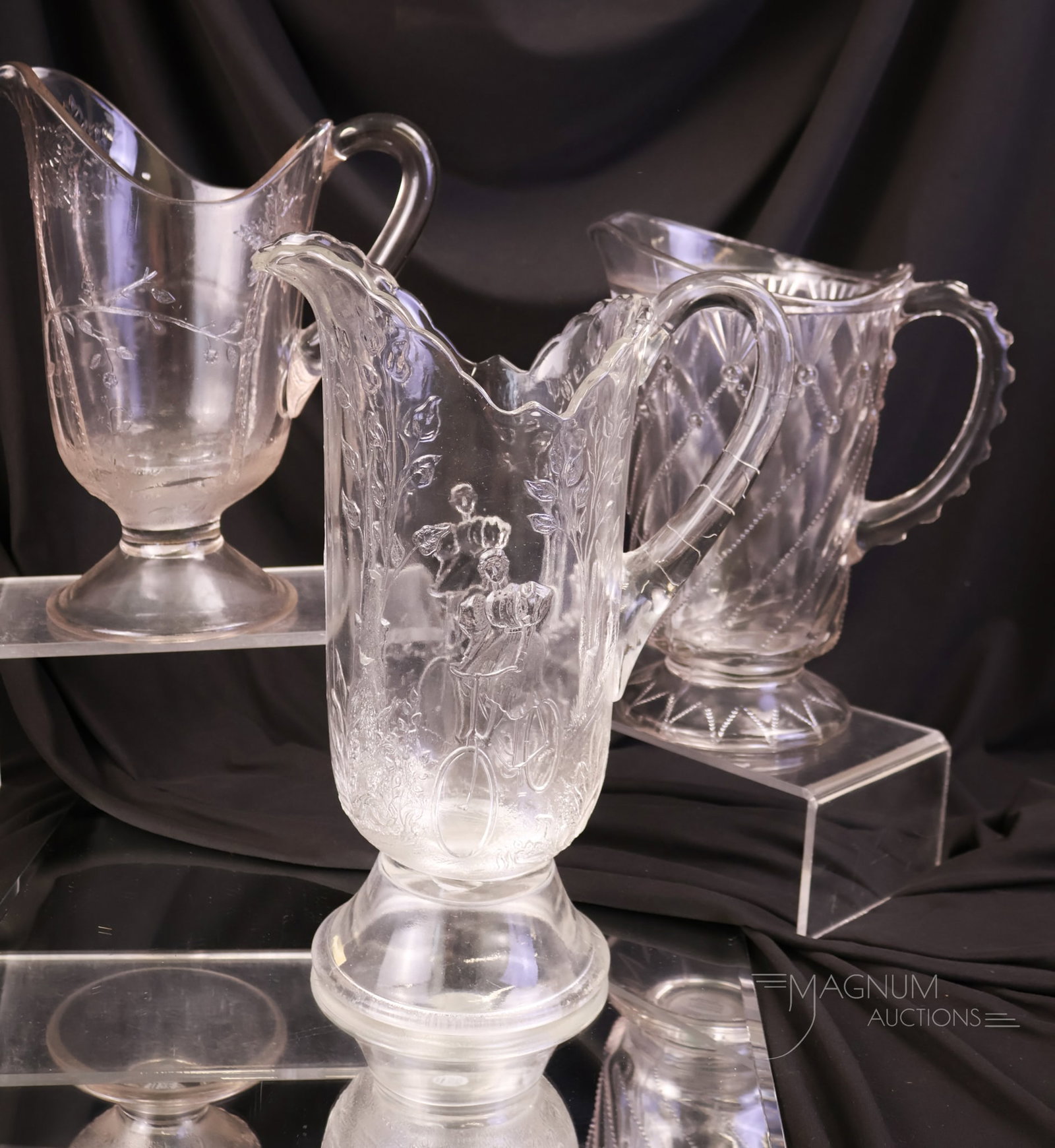 3 pc Lot EAPG Victorian Glass Water Pitchers Bicycle Girl Greentown Cord Drapery Dog & Rabbit (1 of 14)
